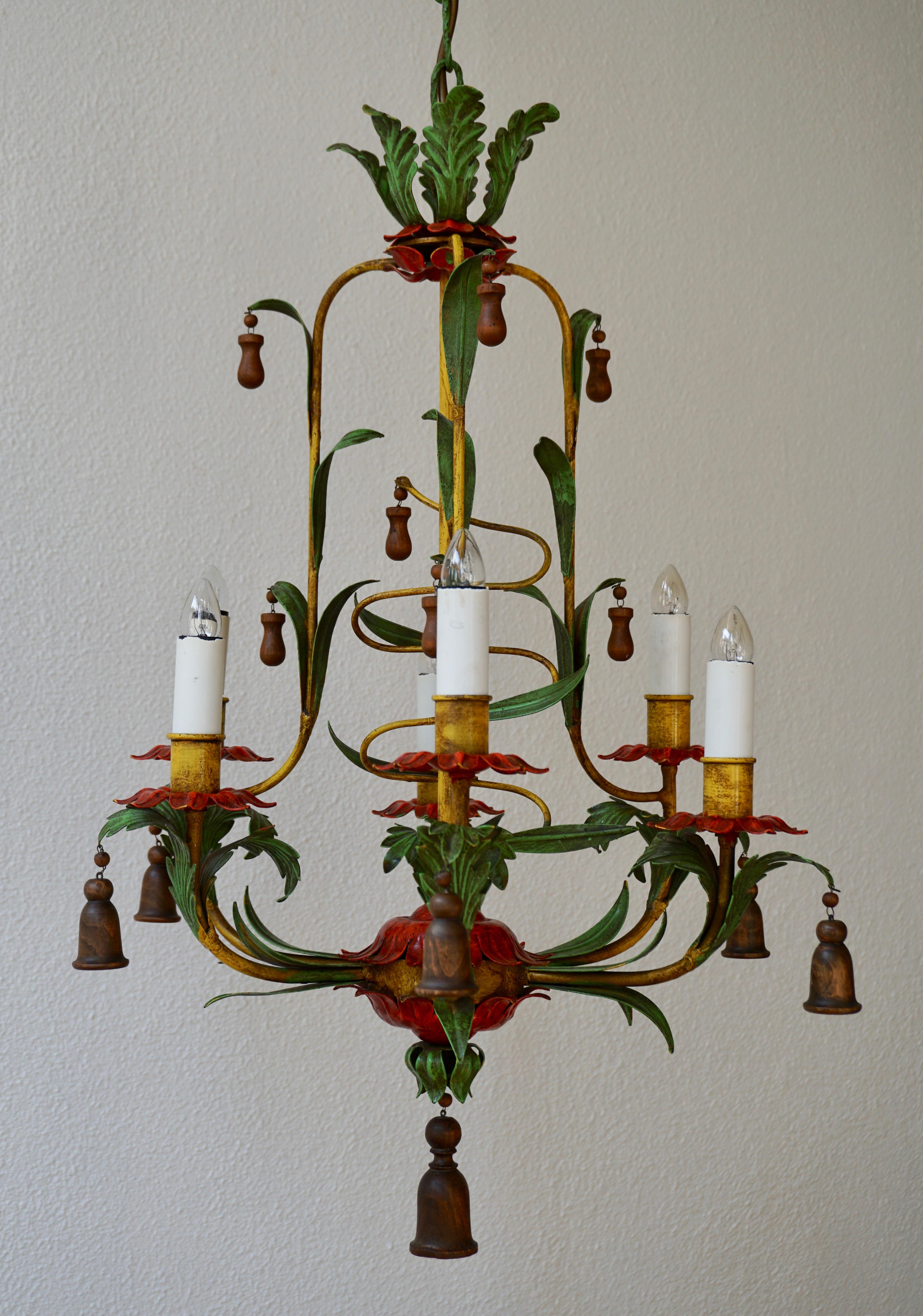 20th Century Rare Colorful Painted Tole Chandelier For Sale
