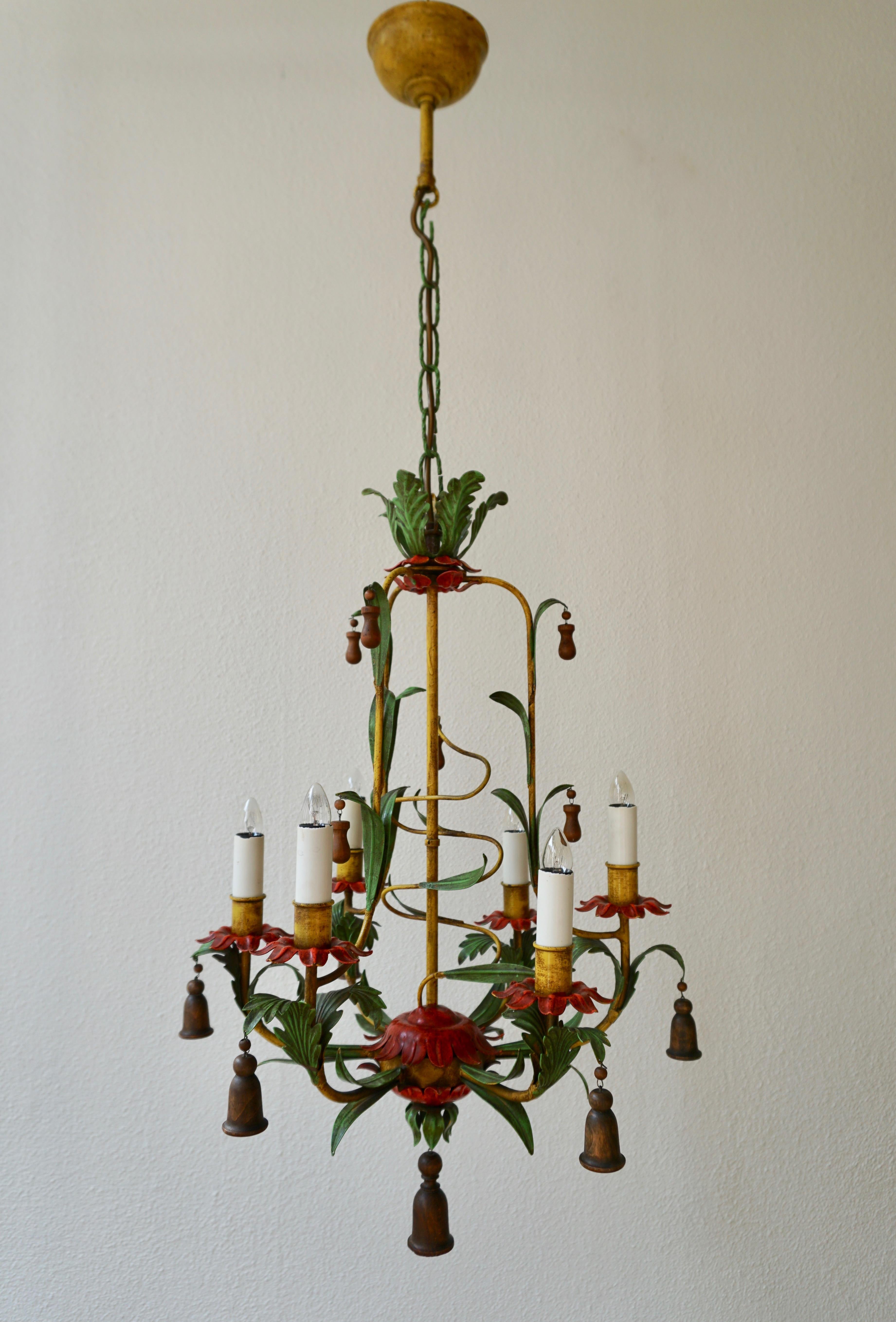 Iron Rare Colorful Painted Tole Chandelier For Sale