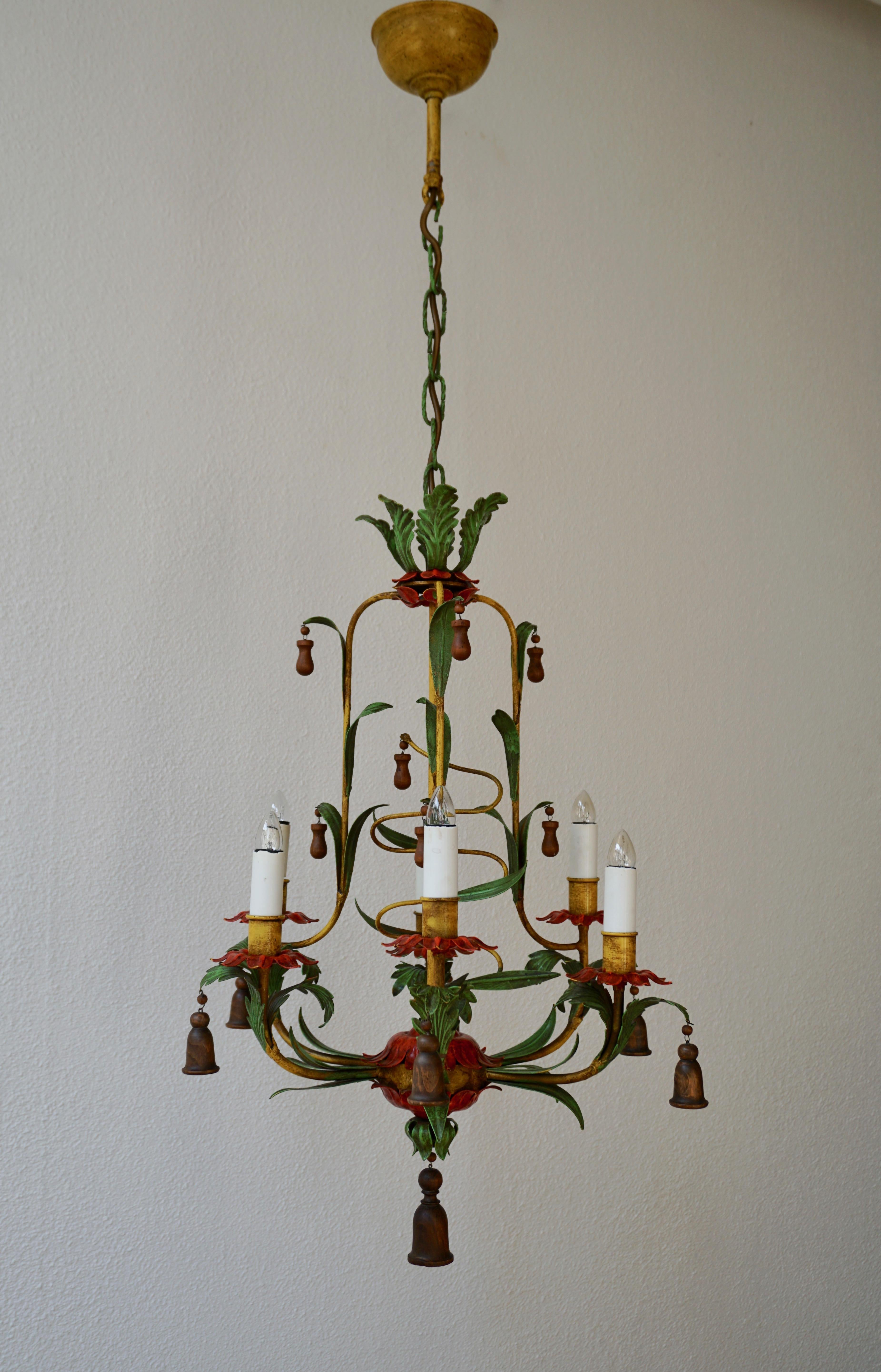 Rare Colorful Painted Tole Chandelier For Sale 1