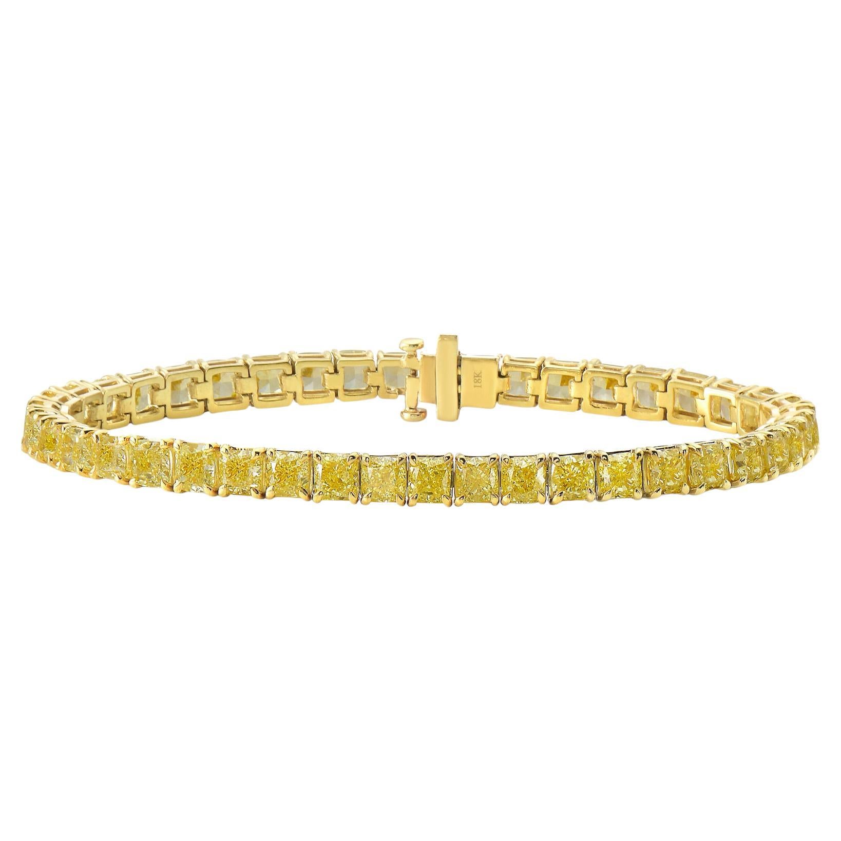 Colori rari 14.5 ct Bracciale da tennis con diamanti a cuscino giallo intenso di lusso