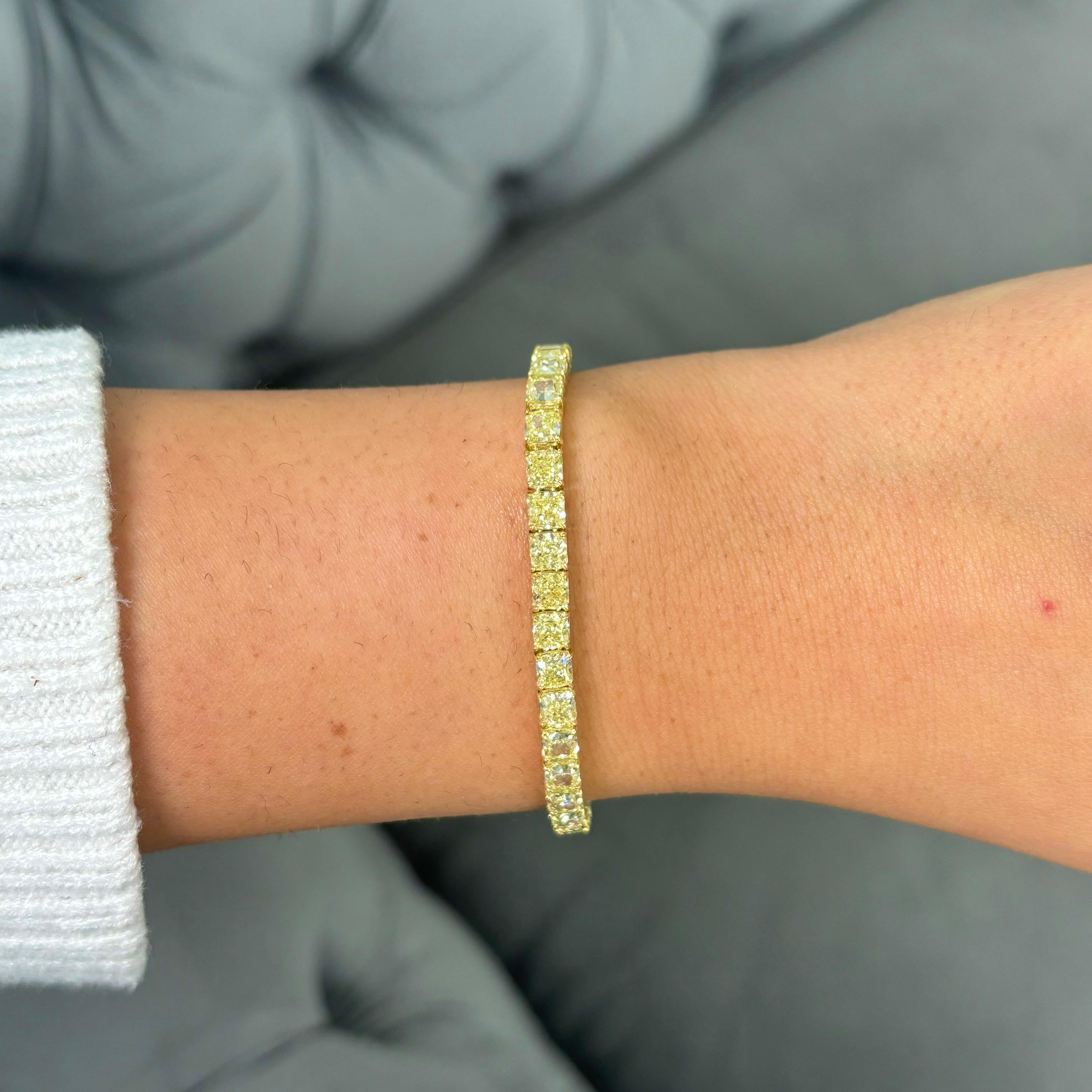 Cushion Cut Rare Colors 17.5ct Fancy Yellow Cushion Diamond Bracelet For Sale