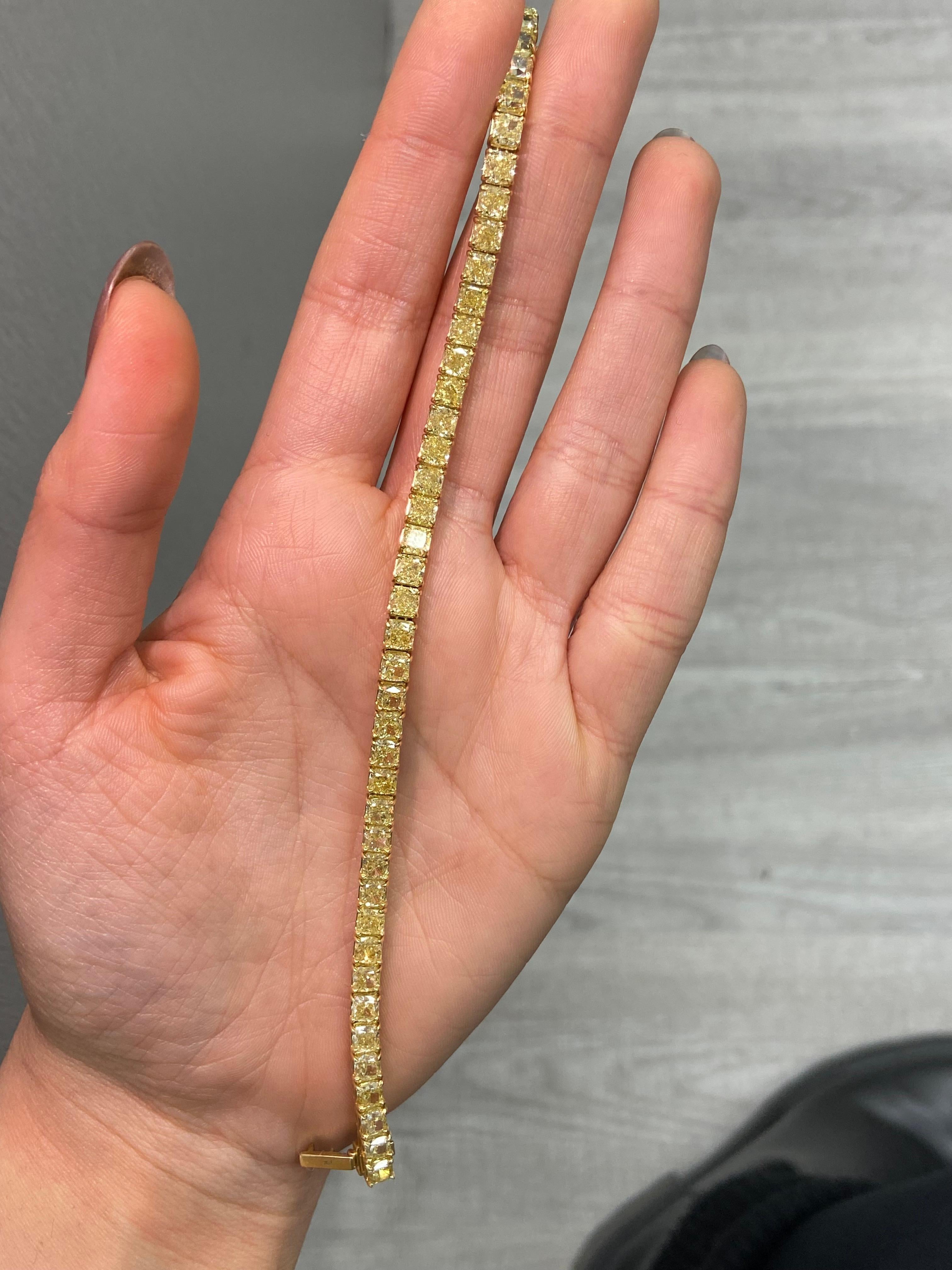 Cushion Cut Rare Colors 17.75ct Fancy Intense Yellow Cushion Diamond Tennis Bracelet For Sale
