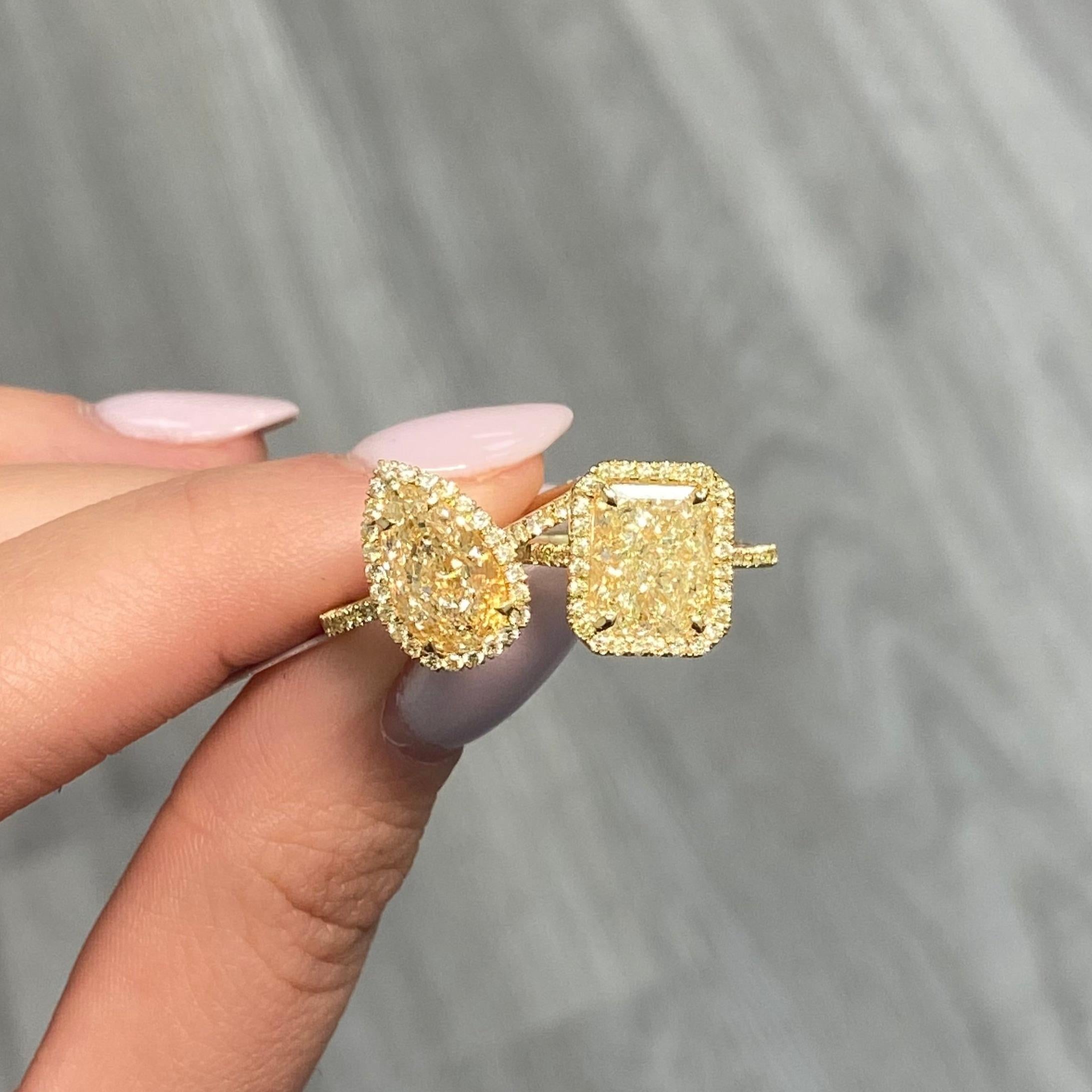 Rare Colors - 2 Carat  Pear Shape Yellow Diamond Halo Ring In New Condition For Sale In New York, NY