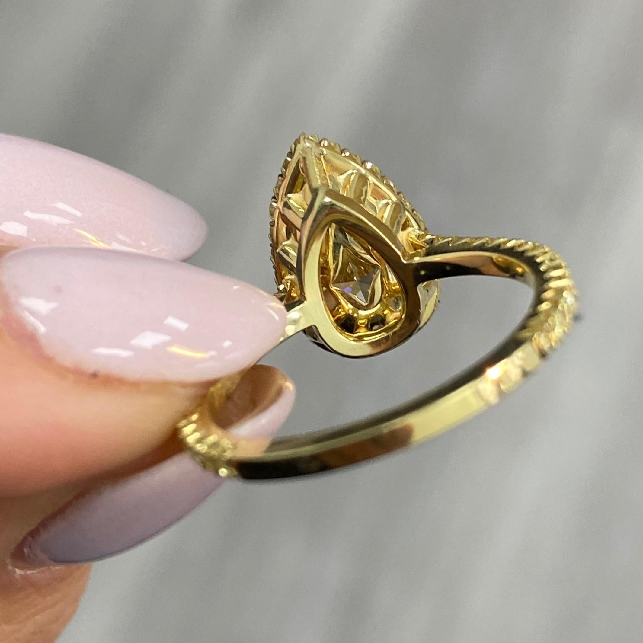 Rare Colors - 2 Carat  Pear Shape Yellow Diamond Halo Ring For Sale 3