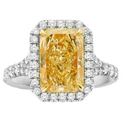 Rare Colors 2.5ct Light Yellow Elongated Radiant Diamond Halo Engagement Ring