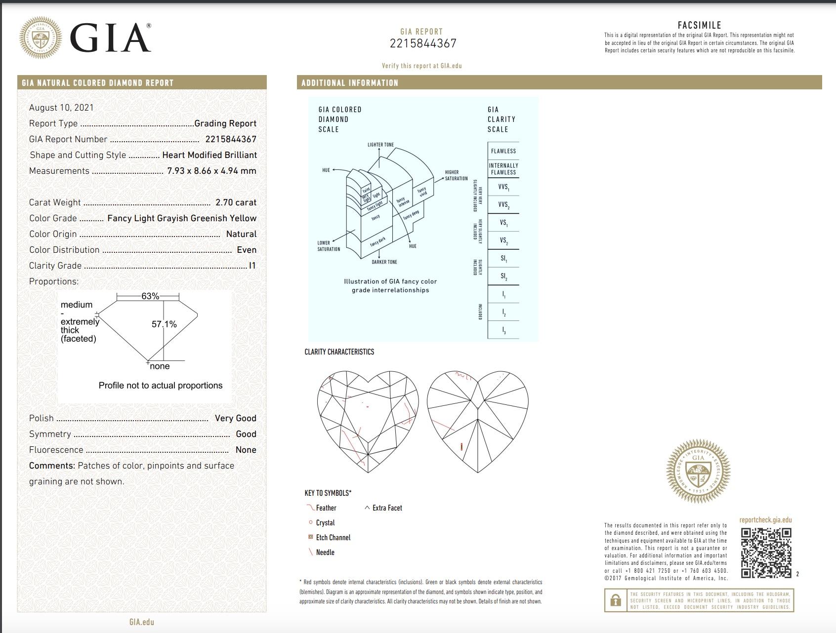 This unique ring features a 2.70-carat heart-shaped diamond with a captivating blend of fancy light grayish greenish yellow hues. Graded I1 clarity, the diamond’s distinctive coloring and romantic shape make it a rare and enchanting choice.

Set in
