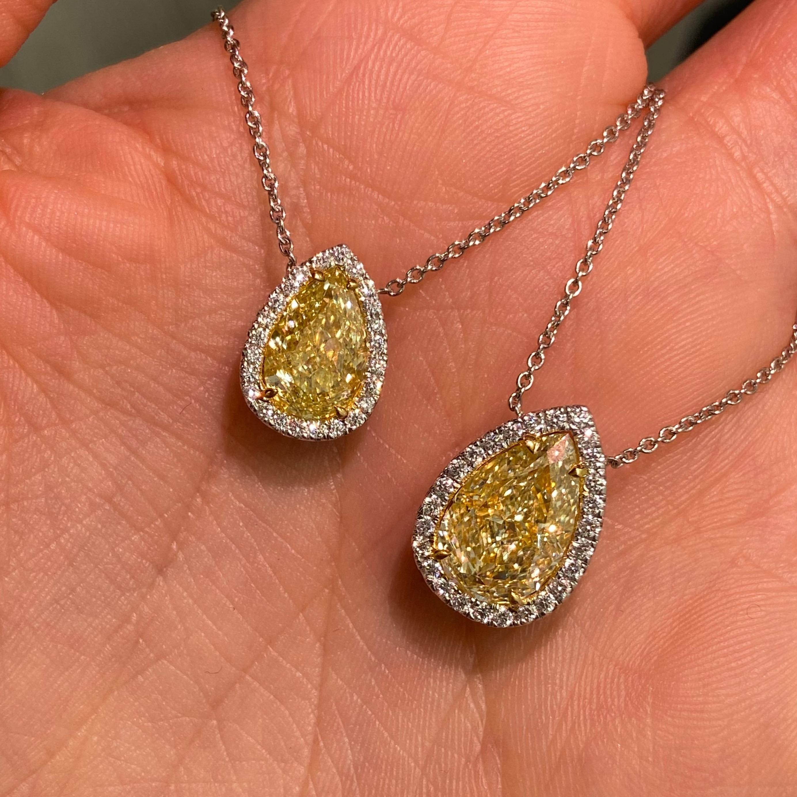Pear Cut Rare Colors 3.51ct Yellow Pear Shape with White Halo Diamond Pendant Necklace
