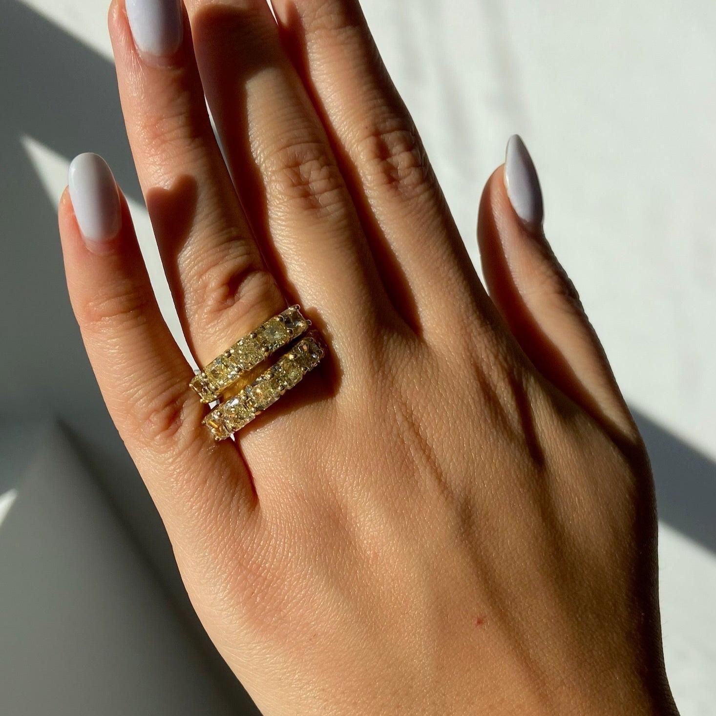 Rare Colors 4 Carat Fancy Yellow Radiant Diamond Half Eternity Band In New Condition In New York, NY