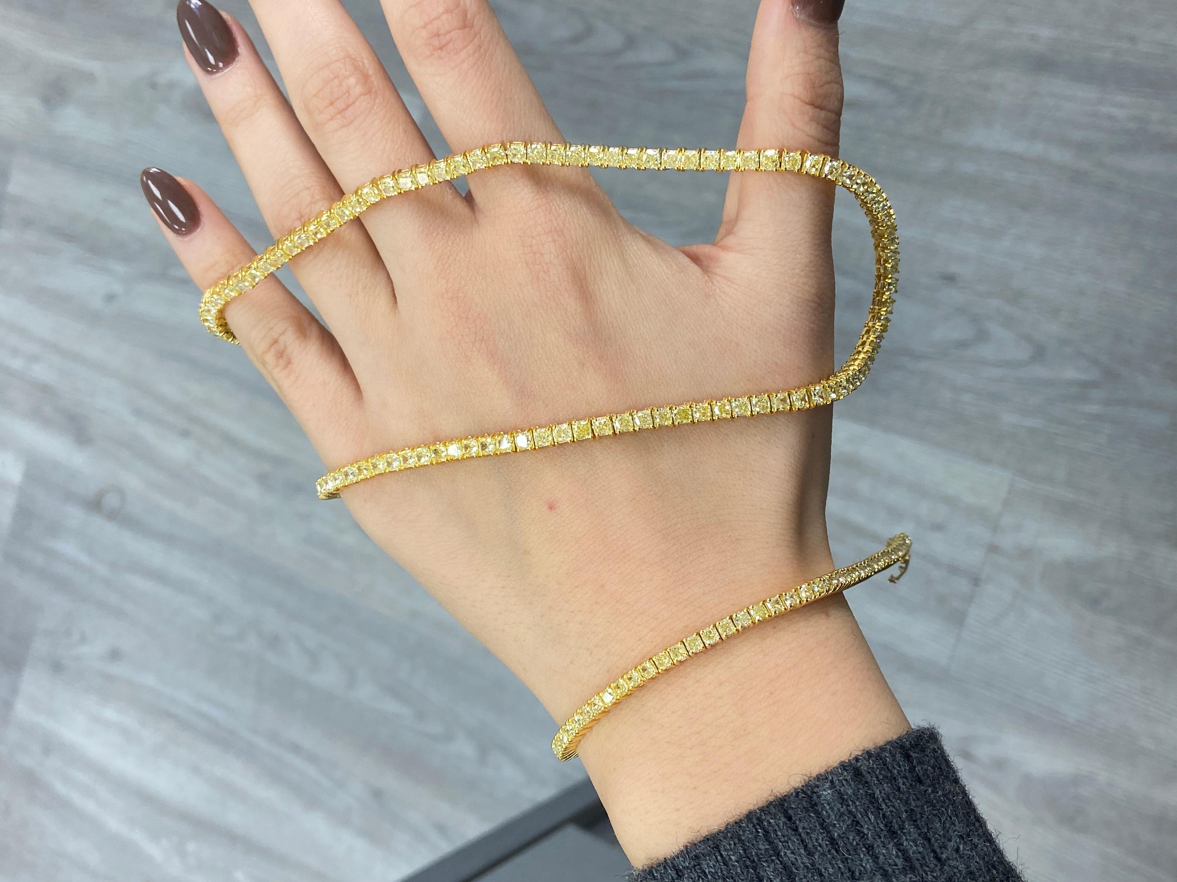Cushion Cut Rare Colors - Fancy Yellow Cushion Diamond Tennis Bracelet For Sale