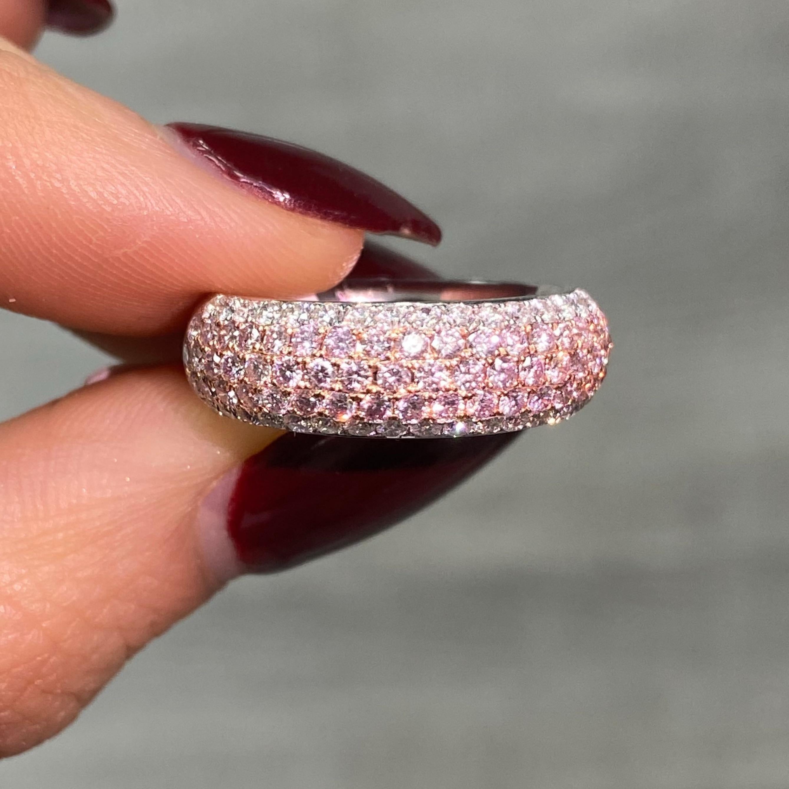 Rare Colors - Pink and White Natural Diamond Five Row Half Eternity Ring In New Condition For Sale In New York, NY