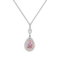 Rare Colors Pink Pear Diamond Double Halo Drop Pendant Necklace
