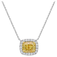 Rare Colors 2ct Yellow Cushion White Halo Diamond East West Pendant