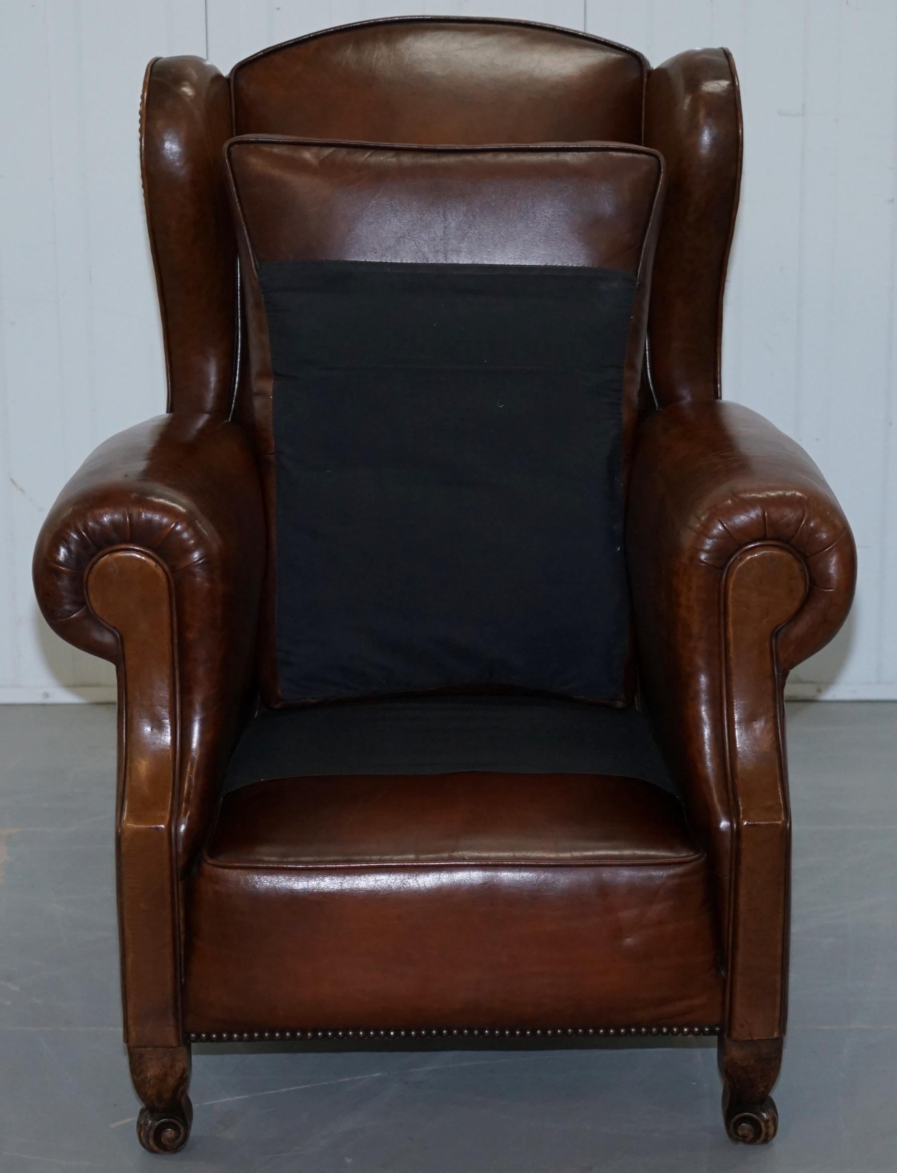 Rare Comfortable Victorian Wingback Whisky Brown Leather Armchairs Feather Seats 3
