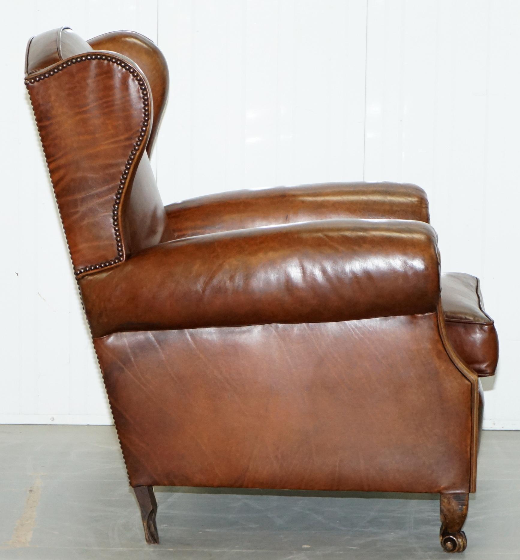Rare Comfortable Victorian Wingback Whisky Brown Leather Armchairs Feather Seats 4