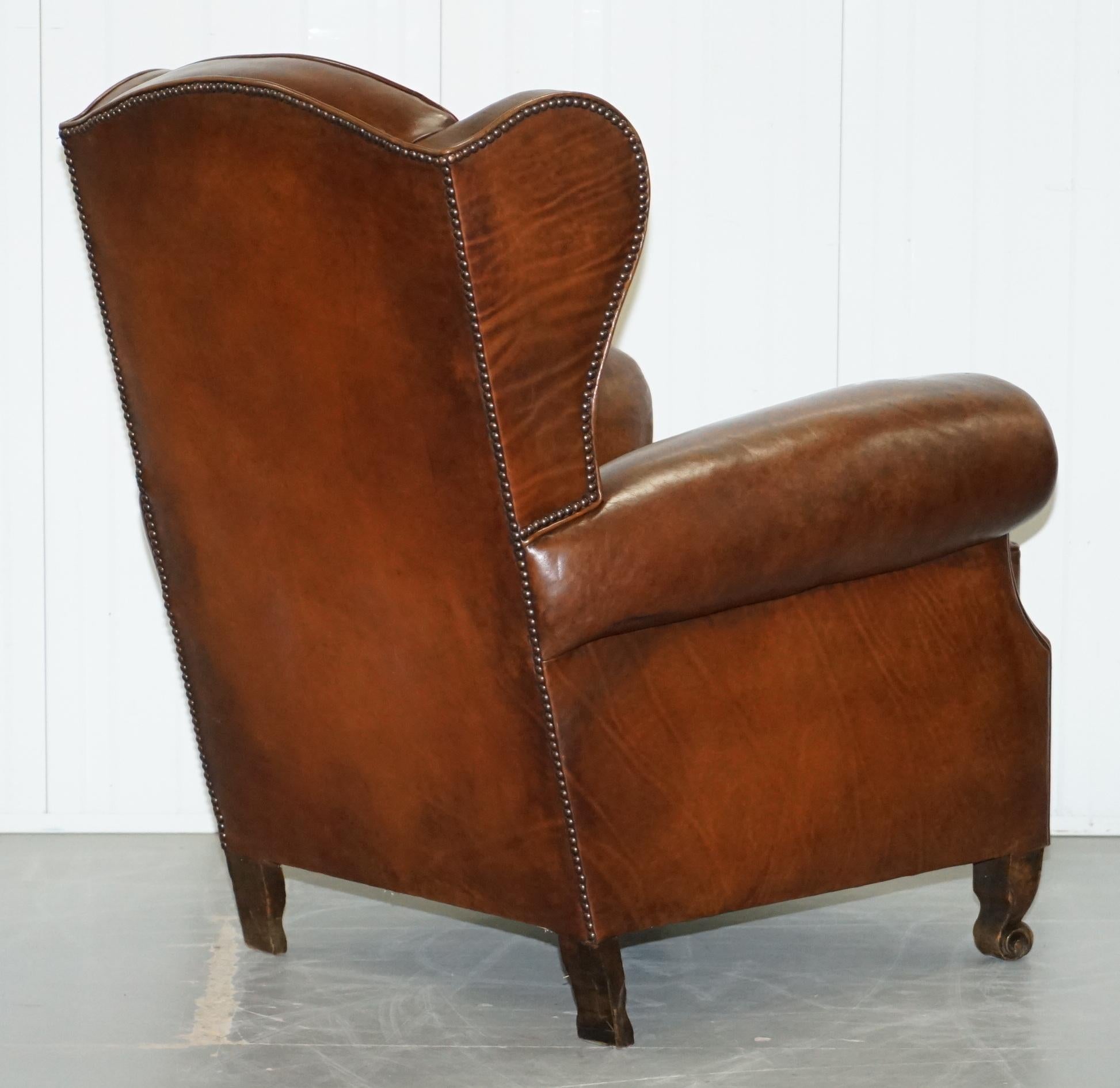 Rare Comfortable Victorian Wingback Whisky Brown Leather Armchairs Feather Seats 5