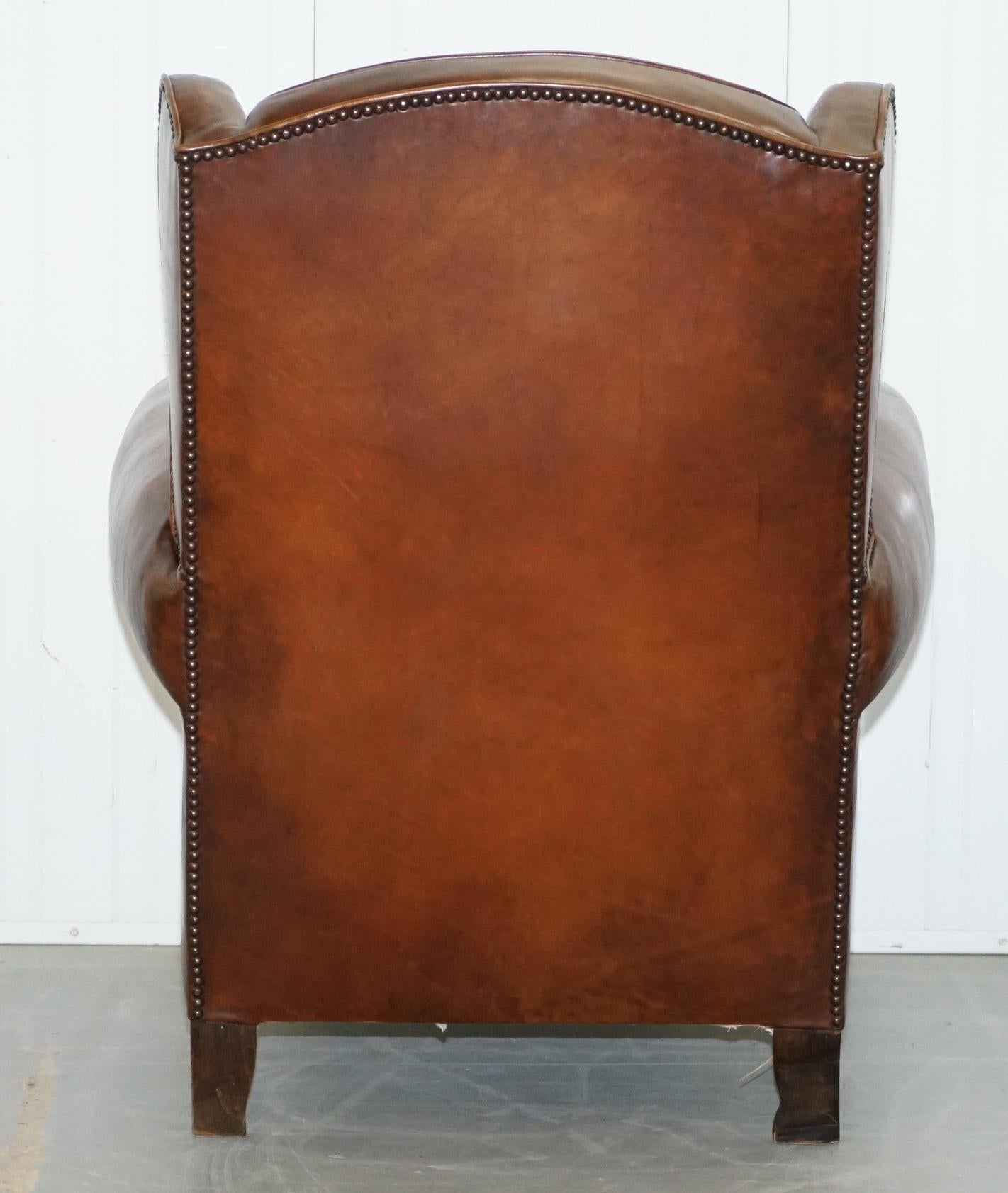 Rare Comfortable Victorian Wingback Whisky Brown Leather Armchairs Feather Seats 6
