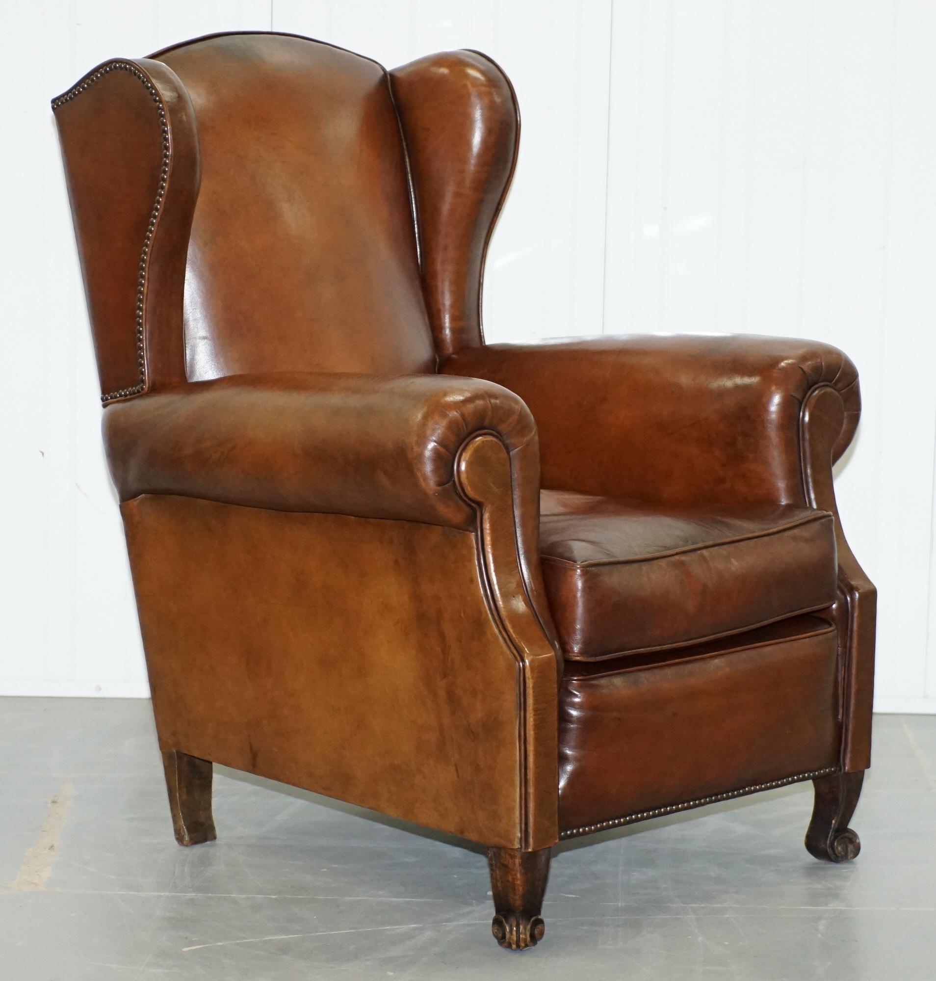 Rare Comfortable Victorian Wingback Whisky Brown Leather Armchairs Feather Seats 9