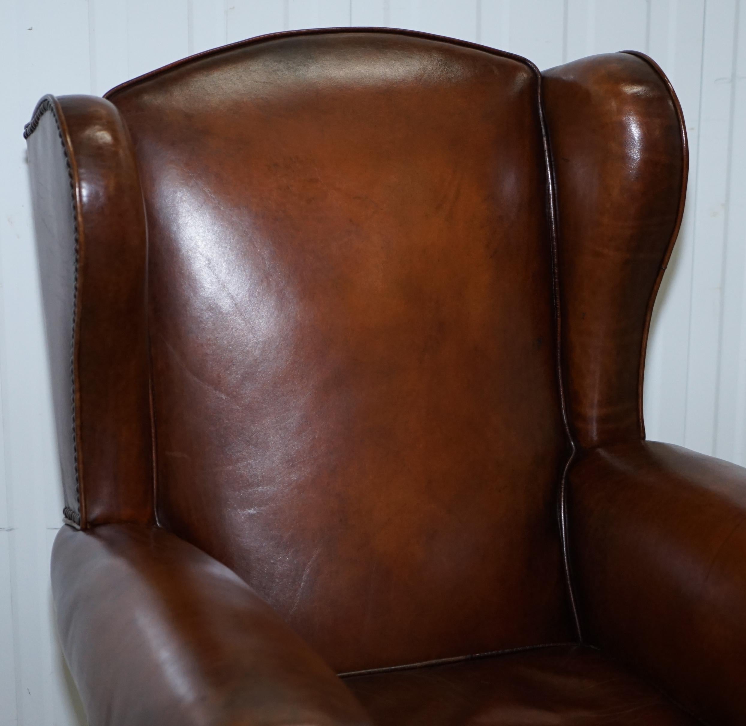 Rare Comfortable Victorian Wingback Whisky Brown Leather Armchairs Feather Seats 11