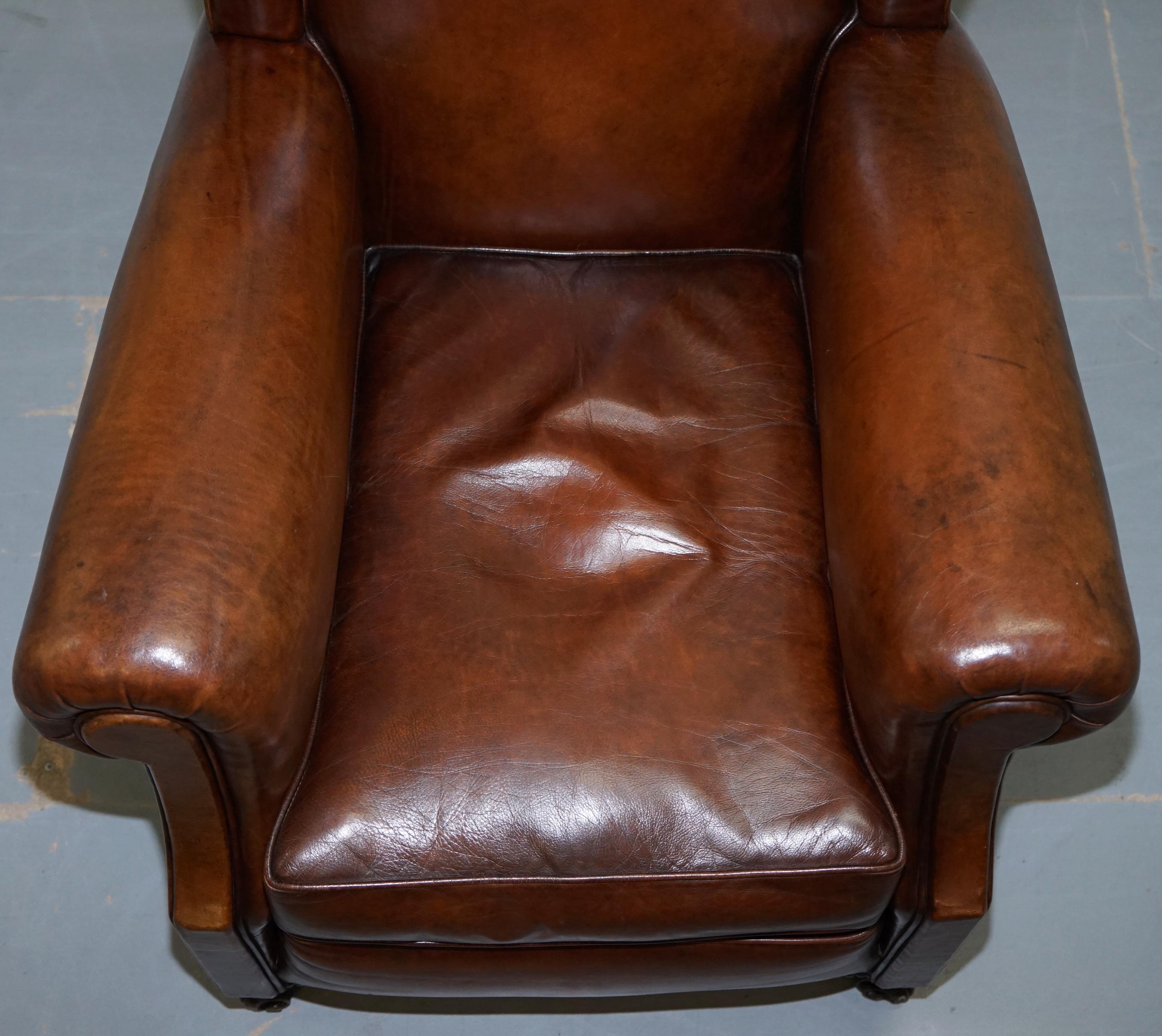 Rare Comfortable Victorian Wingback Whisky Brown Leather Armchairs Feather Seats 12