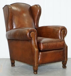 Seltene bequeme viktorianische Wingback Whisky braun Leder Sessel Federsitze