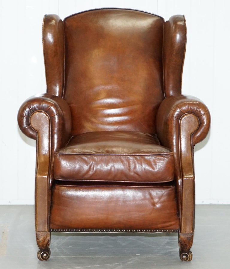 Rare Comfortable Victorian Wingback Whisky Brown Leather Armchairs