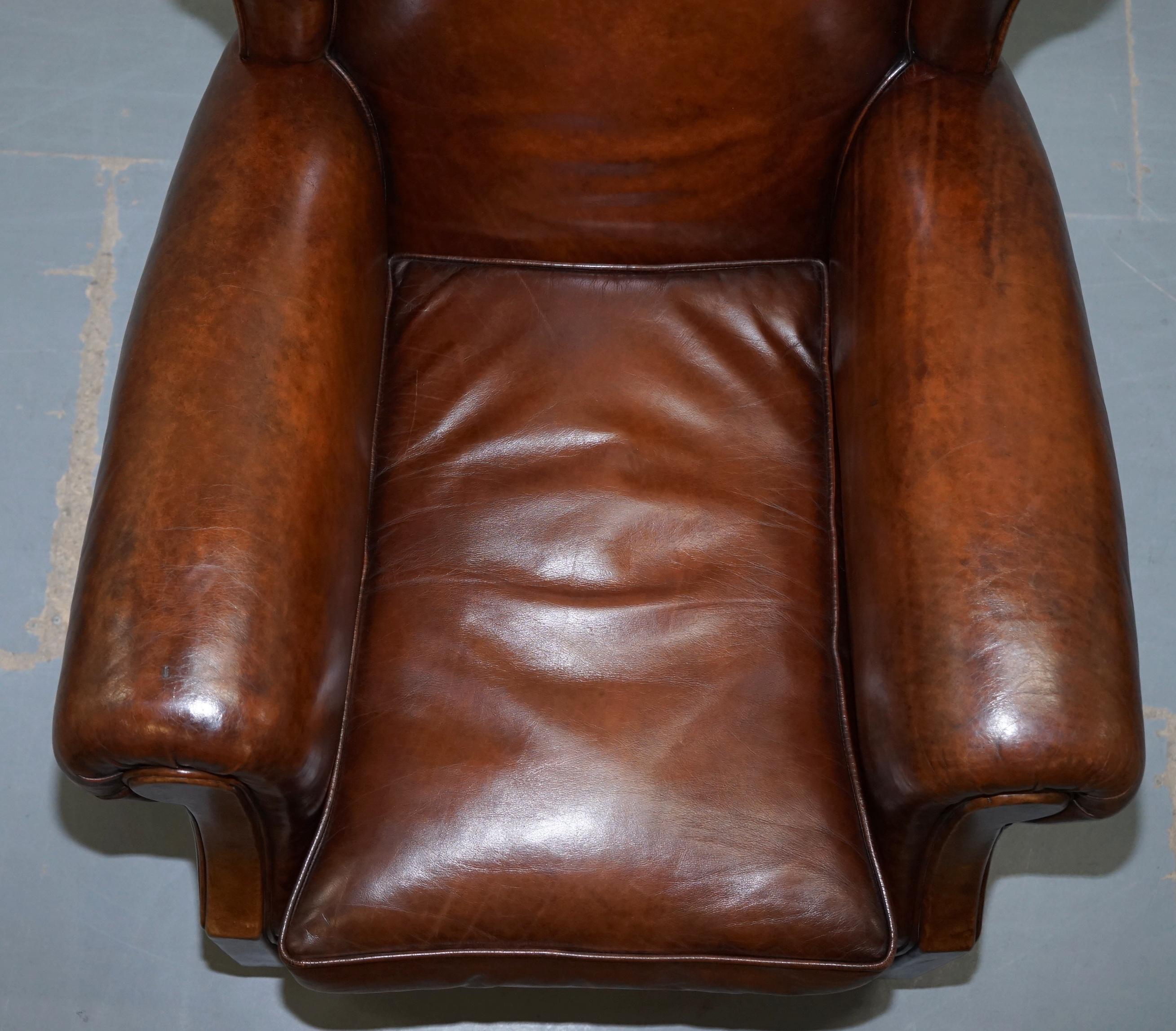Hand-Crafted Rare Comfortable Victorian Wingback Whisky Brown Leather Armchairs Feather Seats