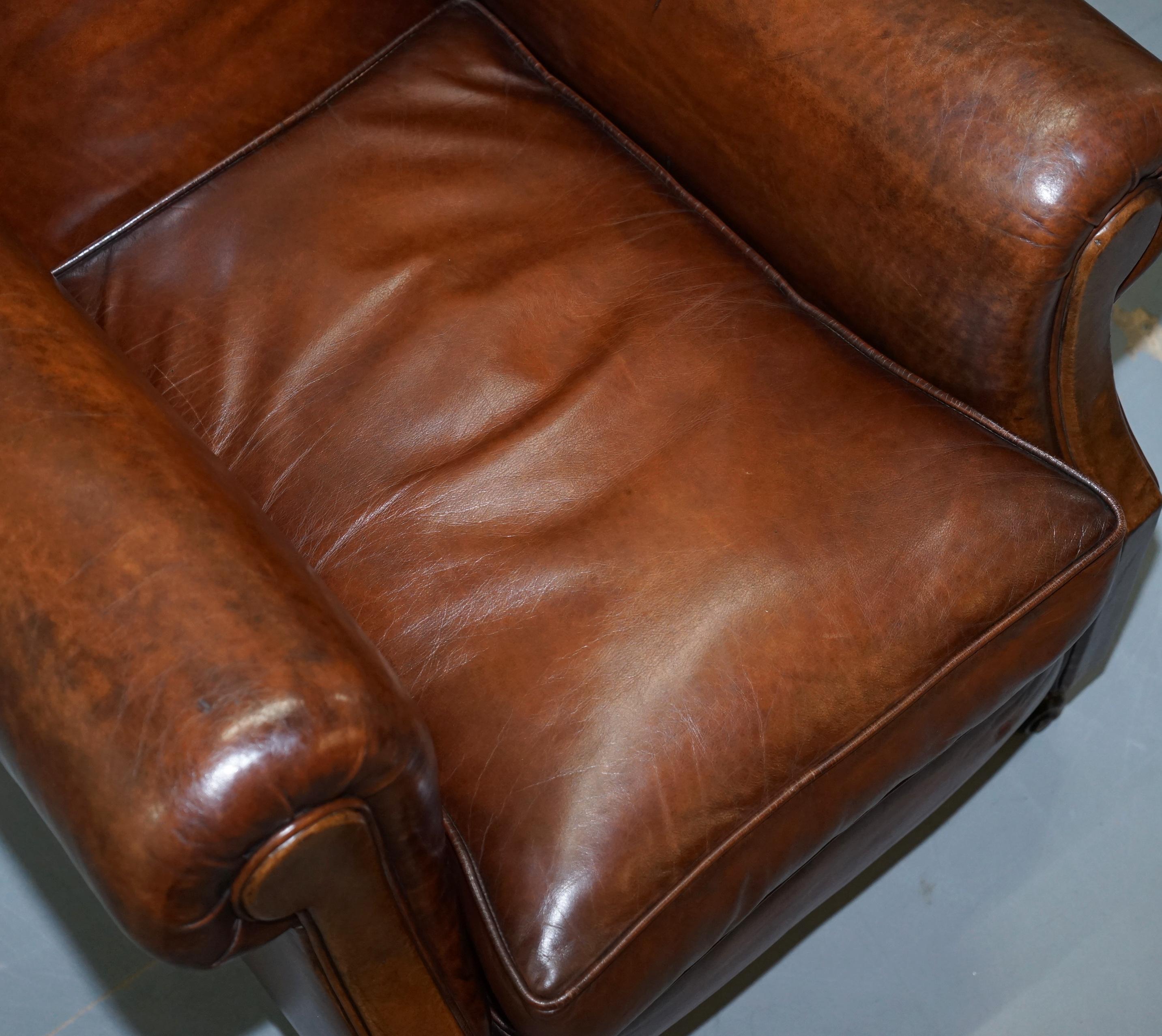 19th Century Rare Comfortable Victorian Wingback Whisky Brown Leather Armchairs Feather Seats