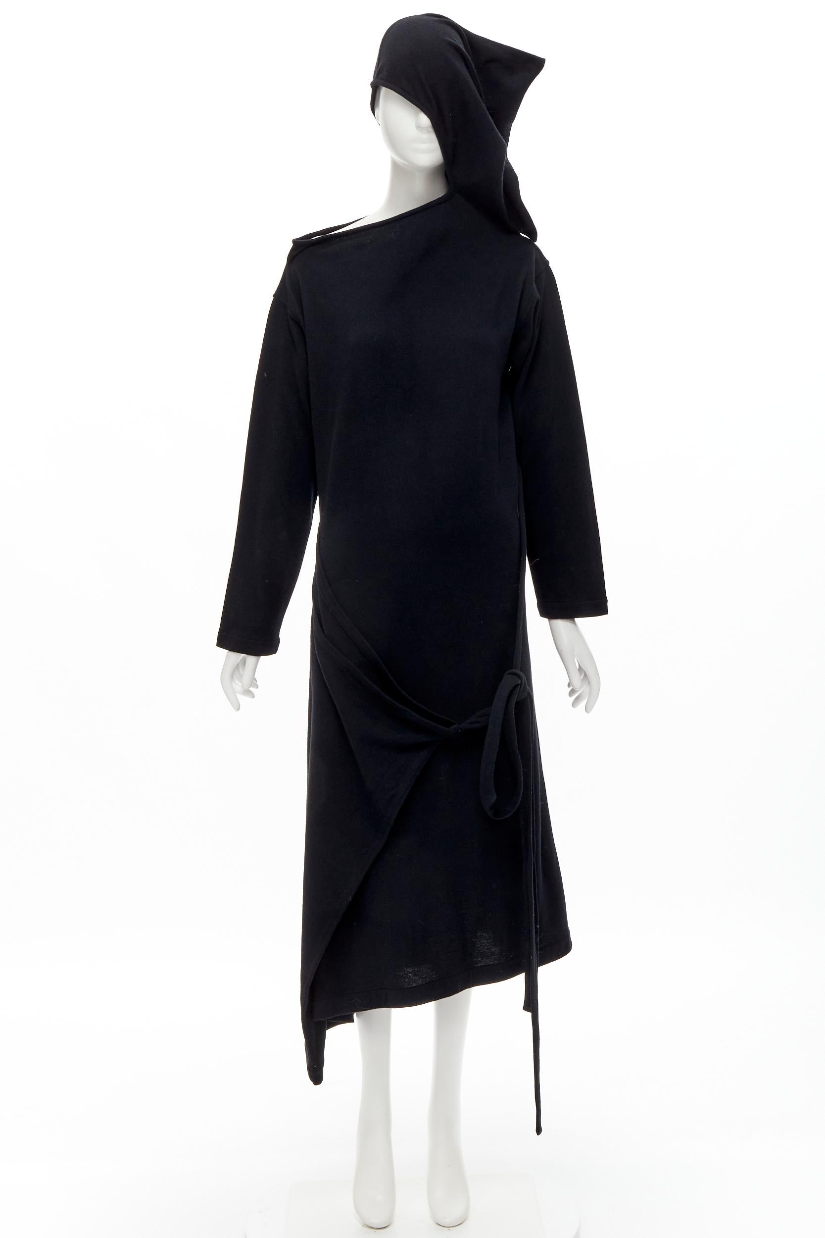 rare COMME DES GARCONS 1980's Vintage black asymmetric neckline hooded dress M For Sale 6