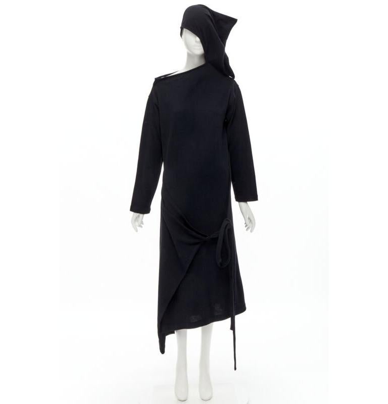 rare COMME DES GARCONS 1980's Vintage black asymmetric neckline hooded dress M For Sale 6