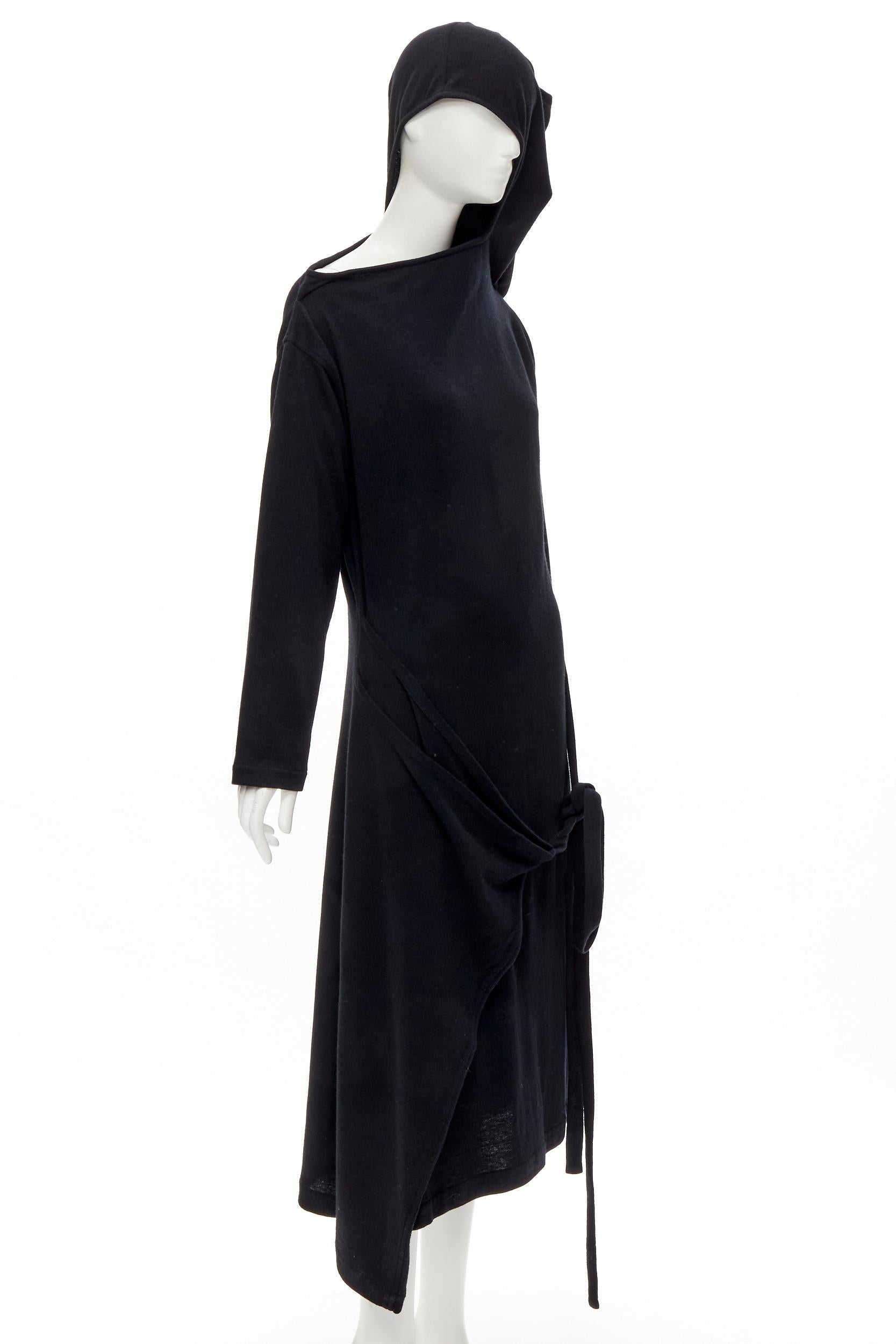 Black rare COMME DES GARCONS 1980's Vintage black asymmetric neckline hooded dress M For Sale