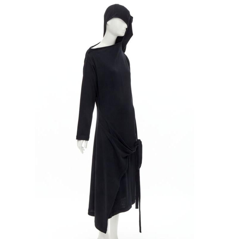Black rare COMME DES GARCONS 1980's Vintage black asymmetric neckline hooded dress M For Sale