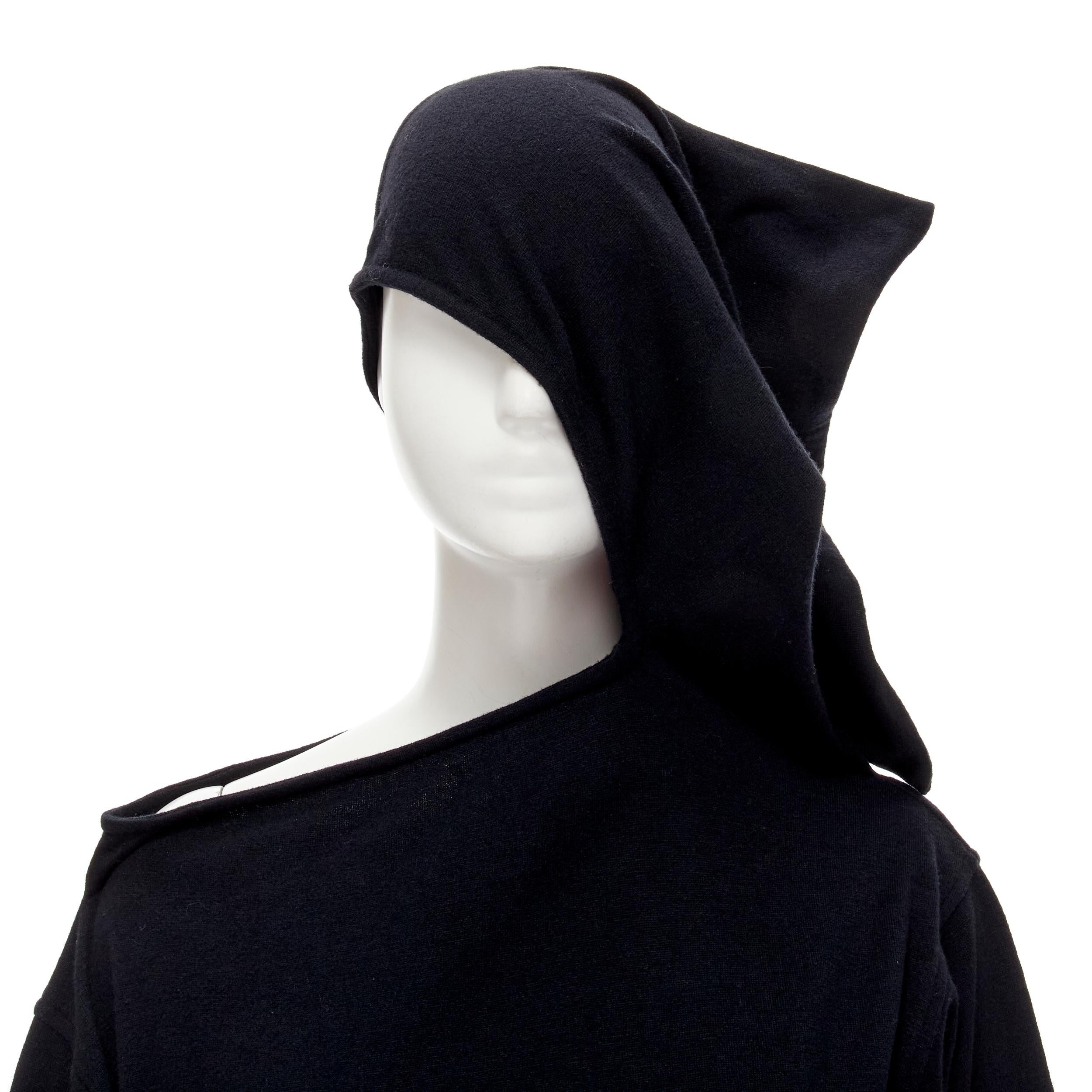 rare COMME DES GARCONS 1980's Vintage black asymmetric neckline hooded dress M For Sale 2