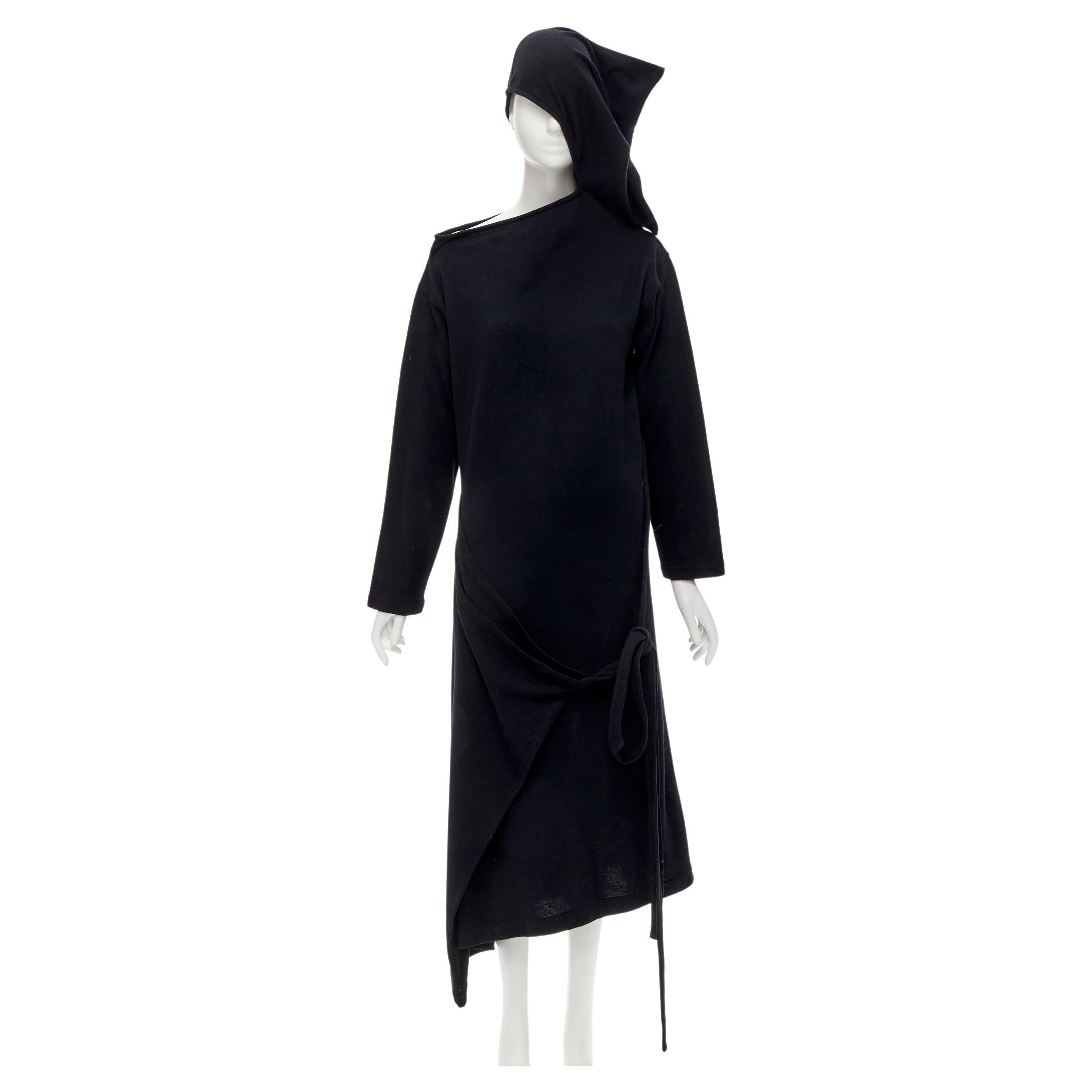 rare COMME DES GARCONS 1980's Vintage black asymmetric neckline hooded dress M For Sale