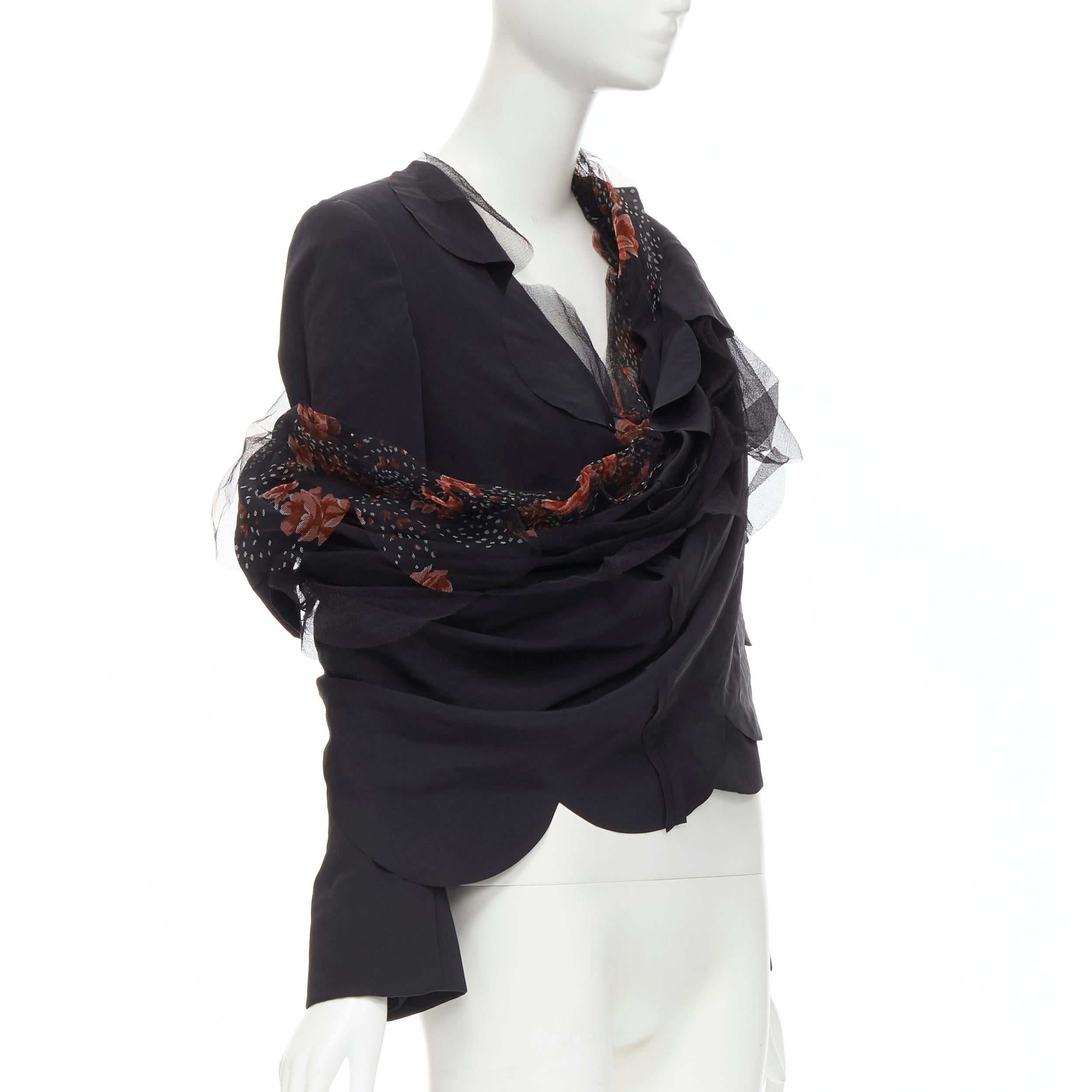 Black rare COMME DES GARCONS 1995 black red rose tulle scalloped sash blazer jacket M For Sale