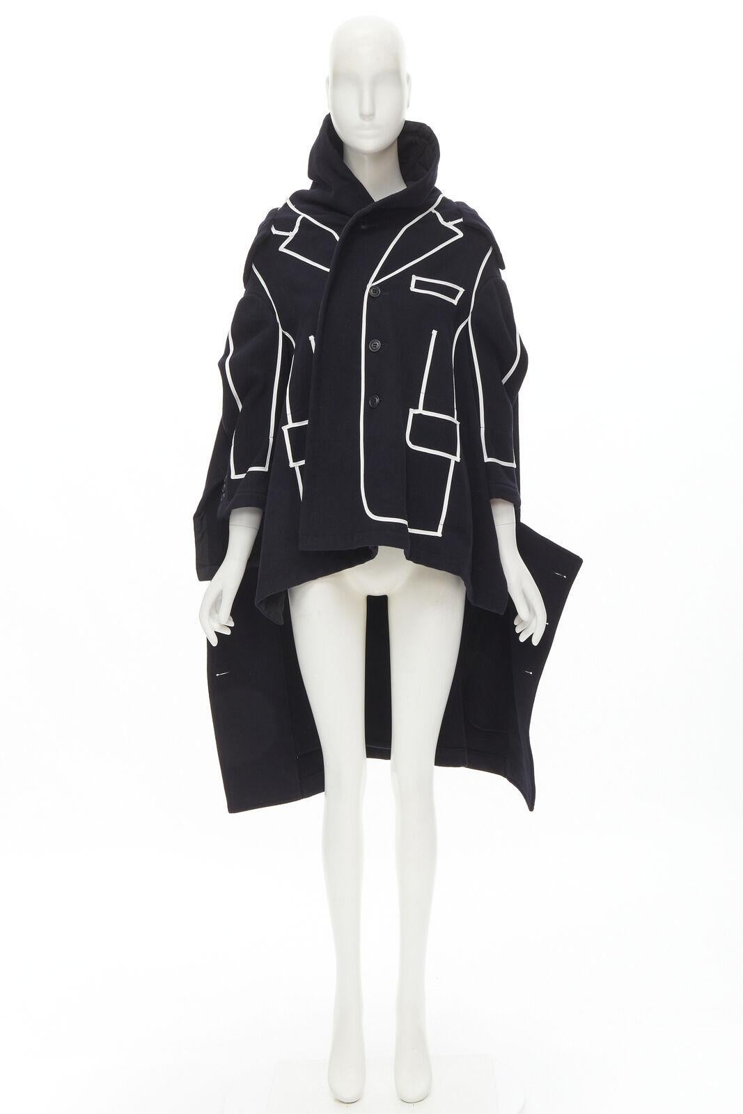 rare COMME DES GARCONS 2009 Runway black white tromp loeil piping trench coat XS For Sale 7