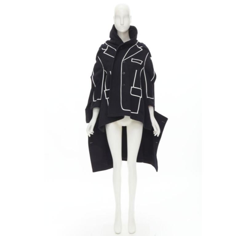raro COMME DES GARCONS 2009 Runway nero bianco tromp loeil piping trench coat XS in vendita 5