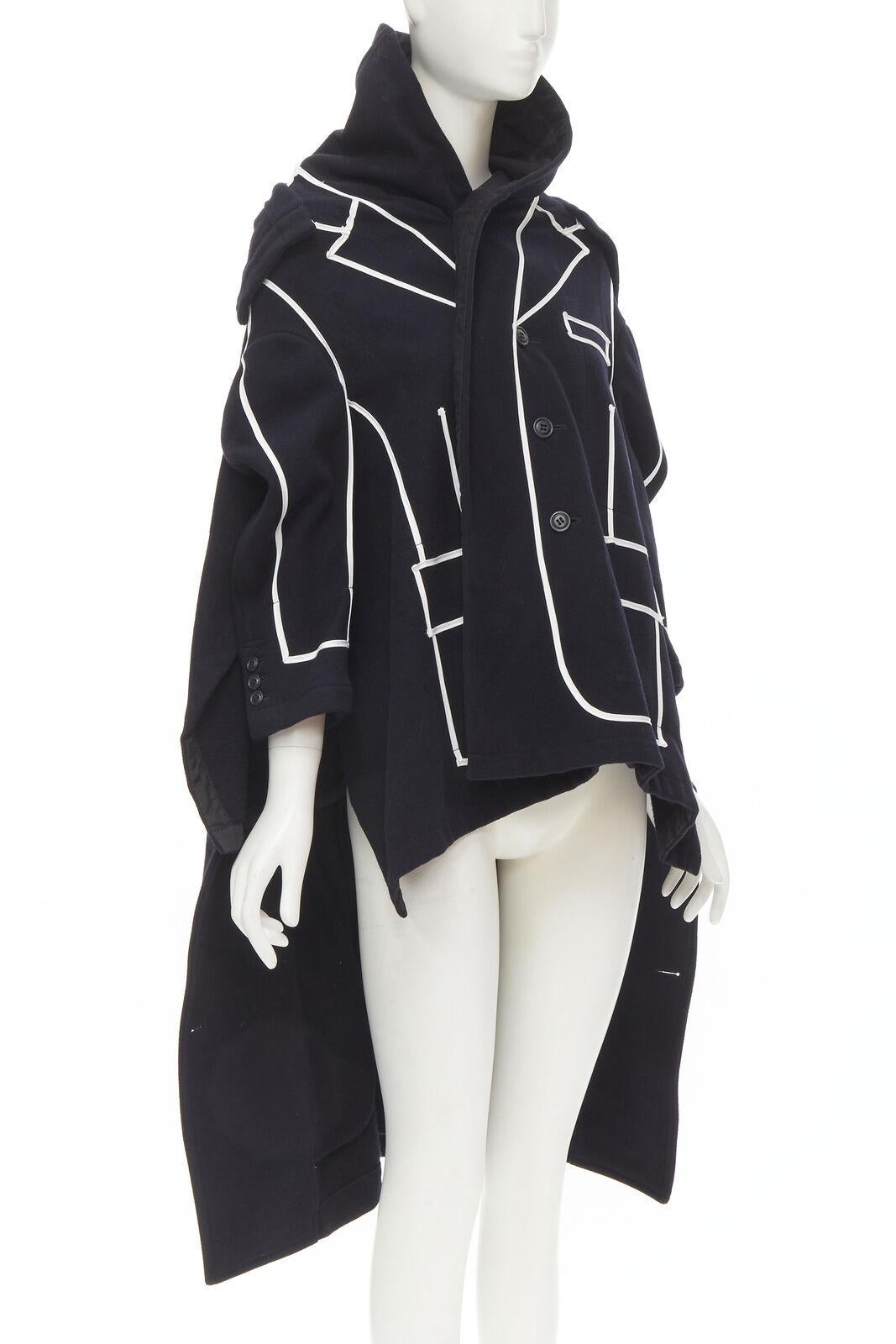 rare COMME DES GARCONS 2009 Runway black white tromp loeil piping trench coat XS In Excellent Condition For Sale In Hong Kong, NT