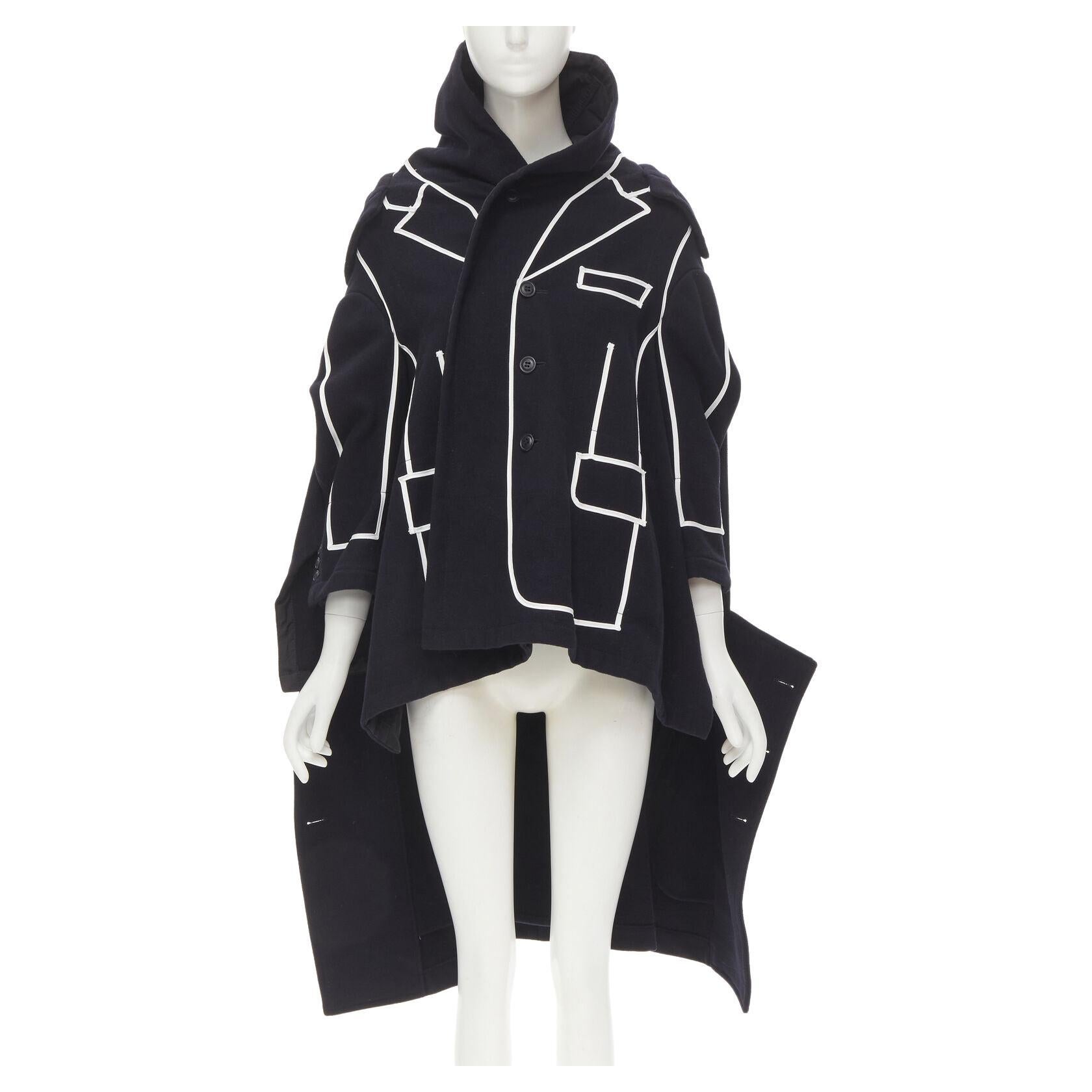 rare COMME DES GARCONS 2009 Runway black white tromp loeil piping trench coat XS For Sale