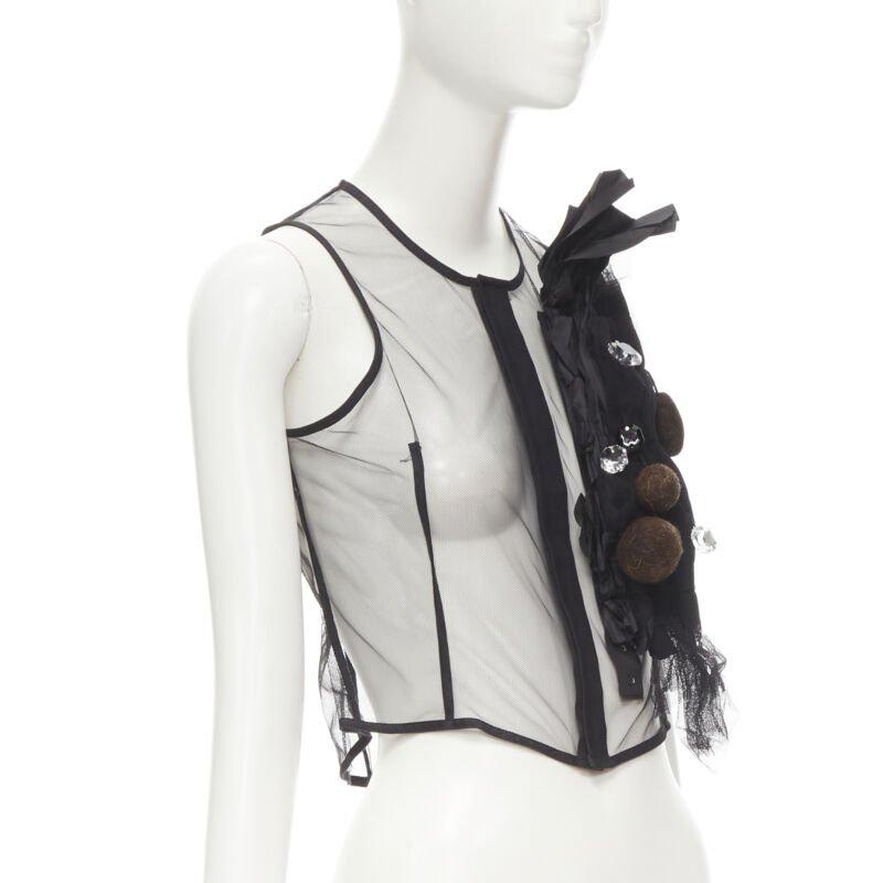 Gray rare COMME DES GARCONS Vintage 2004 Runway crystals felt balls sheer vest S For Sale