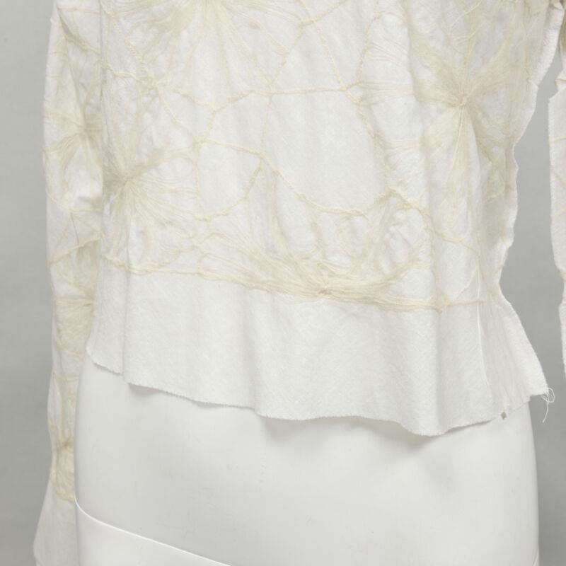 rare COMME DES GARCONS Vintage white linen floral web embroidery crop top S
Reference: CRTI/A00666
Brand: Comme Des Garcons
Designer: Rei Kawakubo
Material: Cotton, Linen
Color: Cream
Pattern: Solid
Extra Details: A very unique treatment where wool