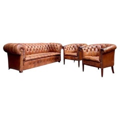 Rare Complete Cognac Leather Chesterfield Lounge Suite, Three-Piece Set