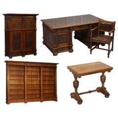 Vintage Rare Complete Dutch Oak Office Suite Library Bookcase Desk Chair Table Cupboard