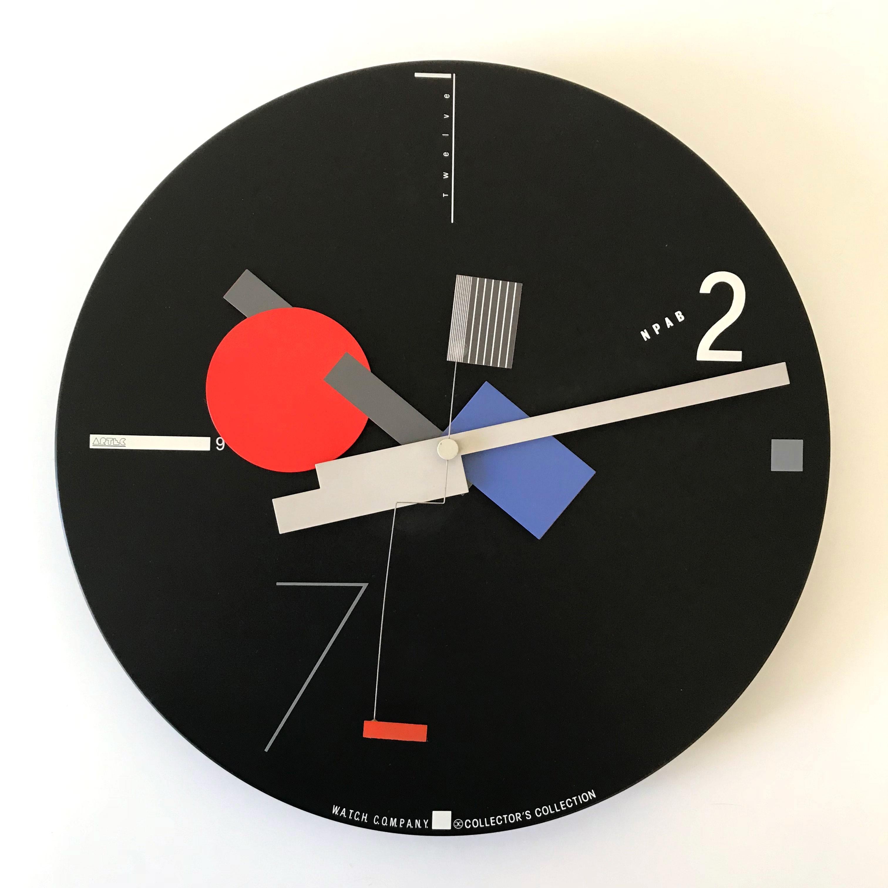 Stunning art time wall clock, 1980s, New York, USA. Designed by Canetti Design Group in Russian Constructivist or German Bauhaus style. This is not a hard to find clock only, but a highly decorative art object which you will enjoy at every look. It