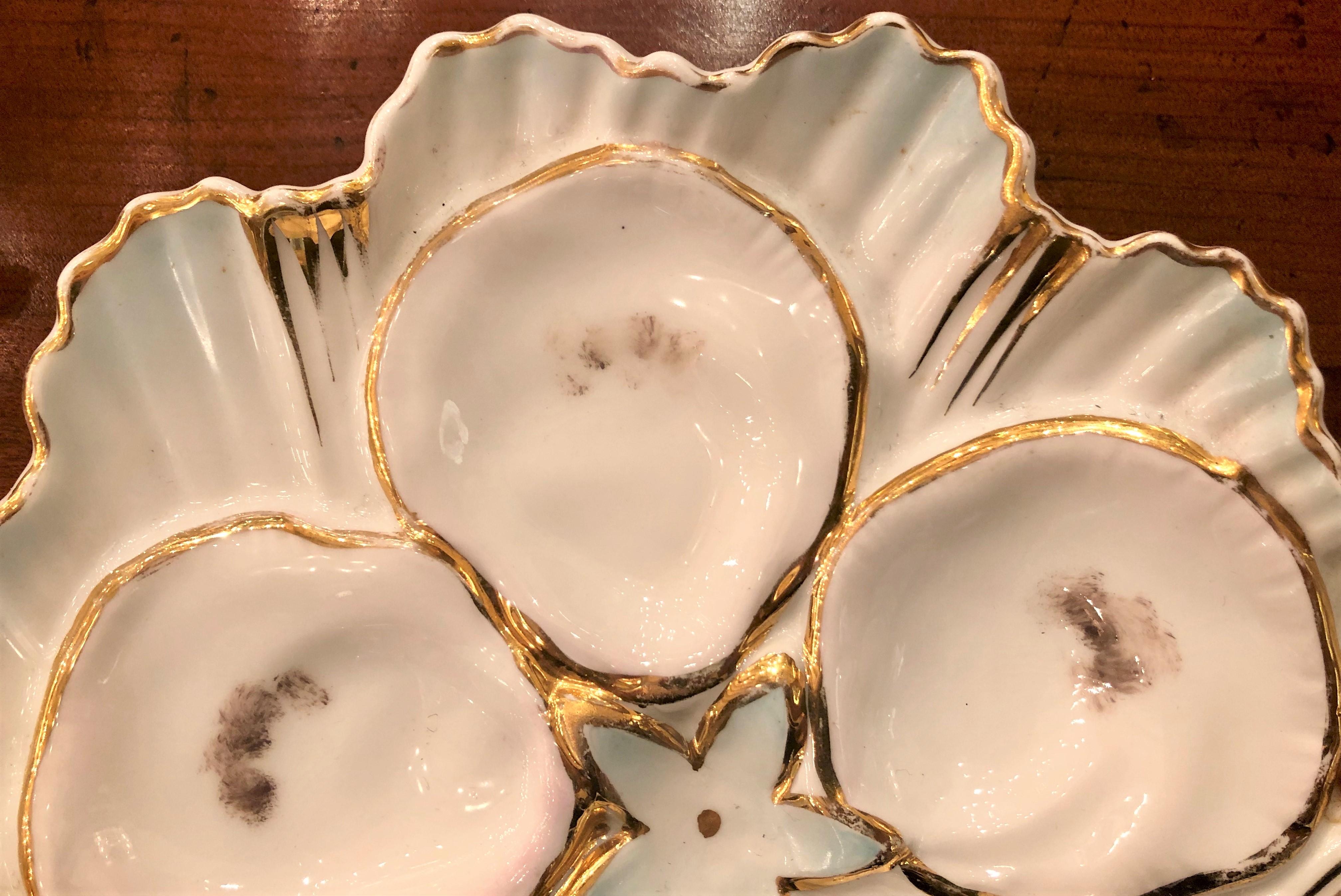 Rare Continental Shaped Porcelain Oyster Plate, Hand Painted, circa 1880 In Good Condition In New Orleans, LA