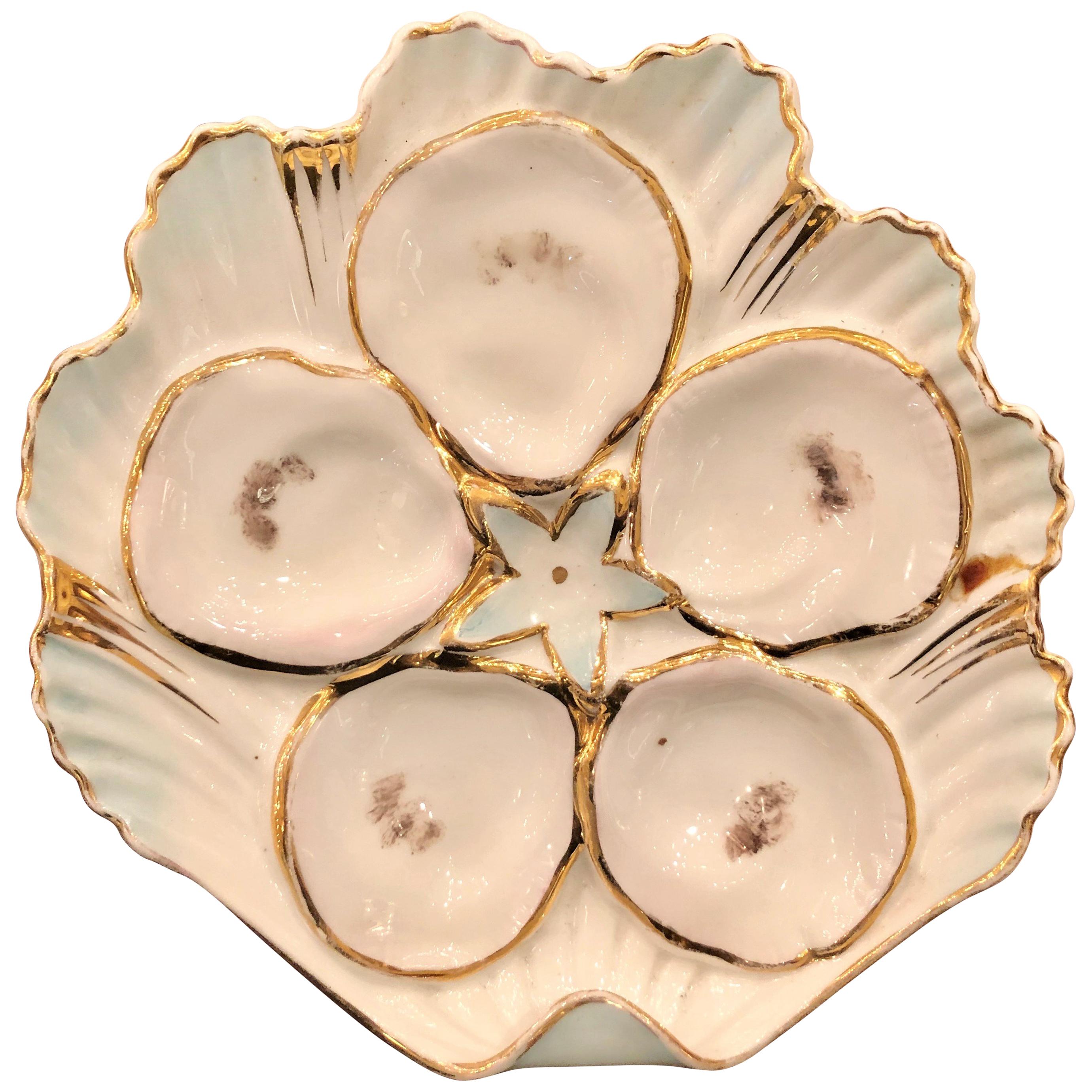 Rare Continental Shaped Porcelain Oyster Plate, Hand Painted, circa 1880