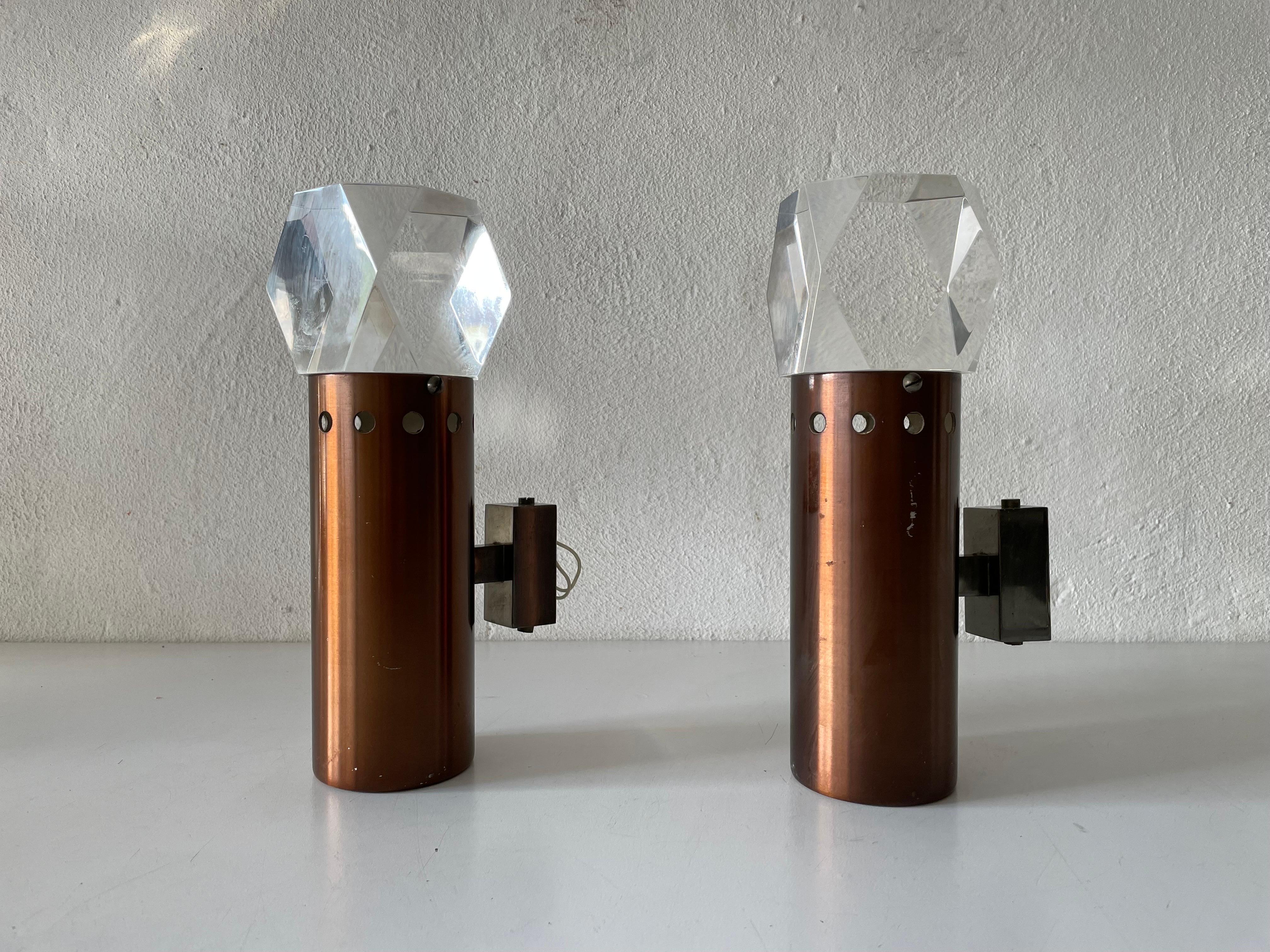 Mid-Century Modern Rare Copper and Glass Sculptural Pair of Sconces by Stilux Milano, 1960s, Italy For Sale