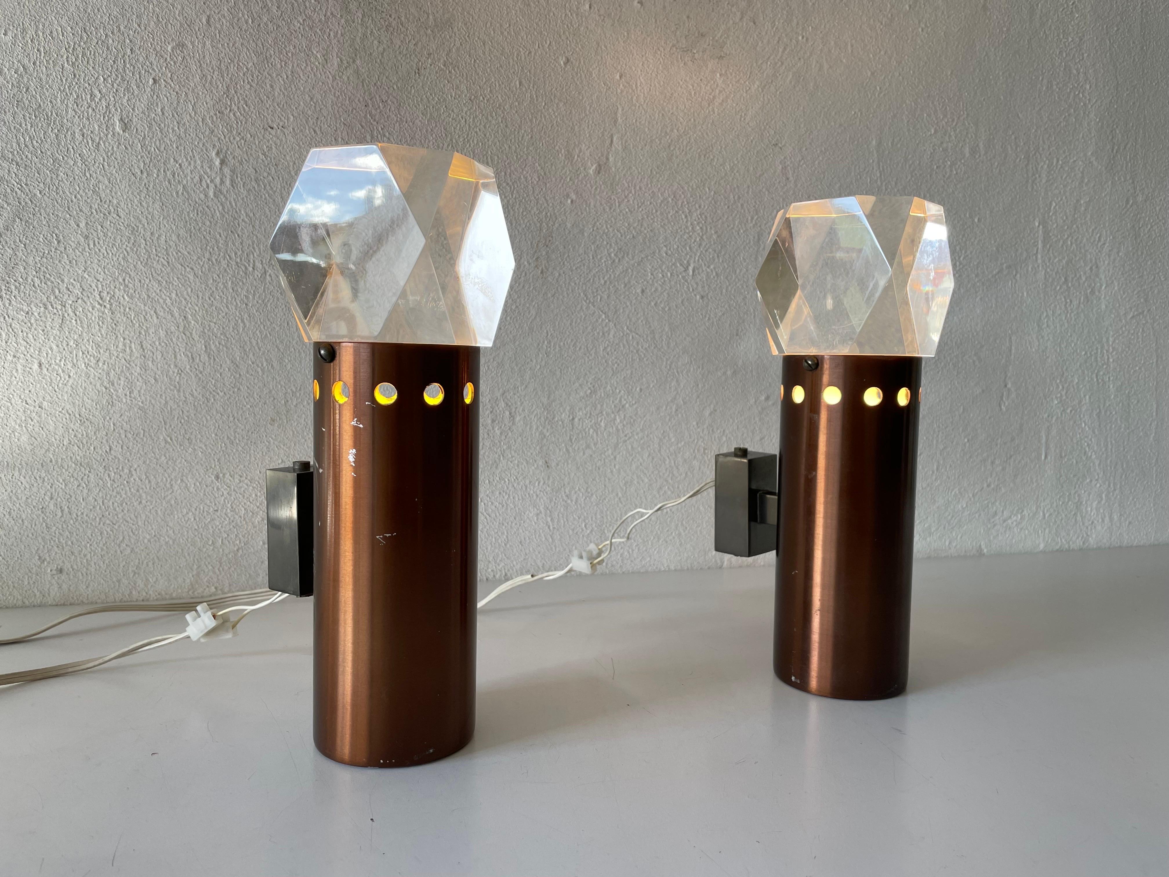 Metal Rare Copper and Glass Sculptural Pair of Sconces by Stilux Milano, 1960s, Italy For Sale