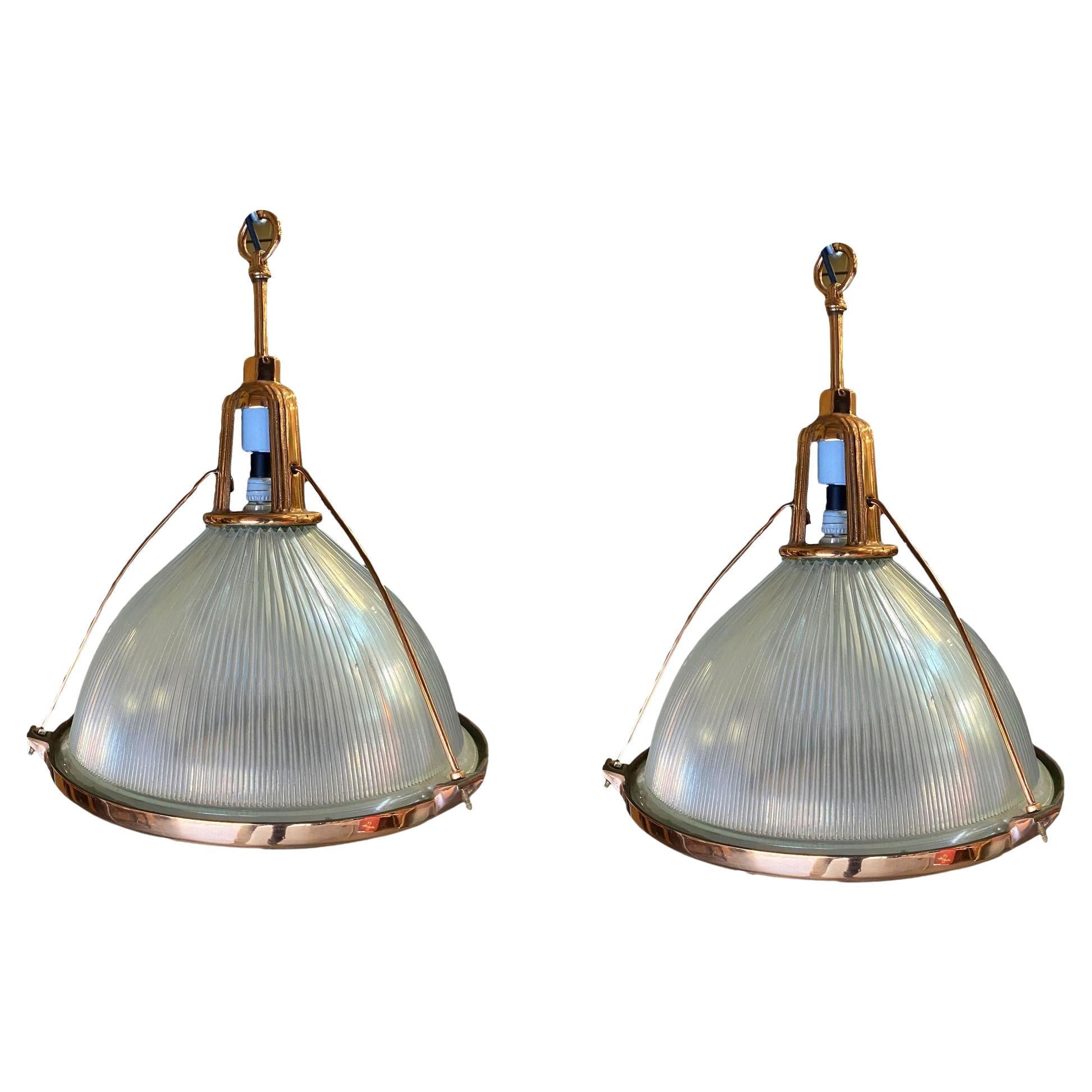 Rare Copper Plated Holophane Industrial Hanging Pendant Lights, Pair