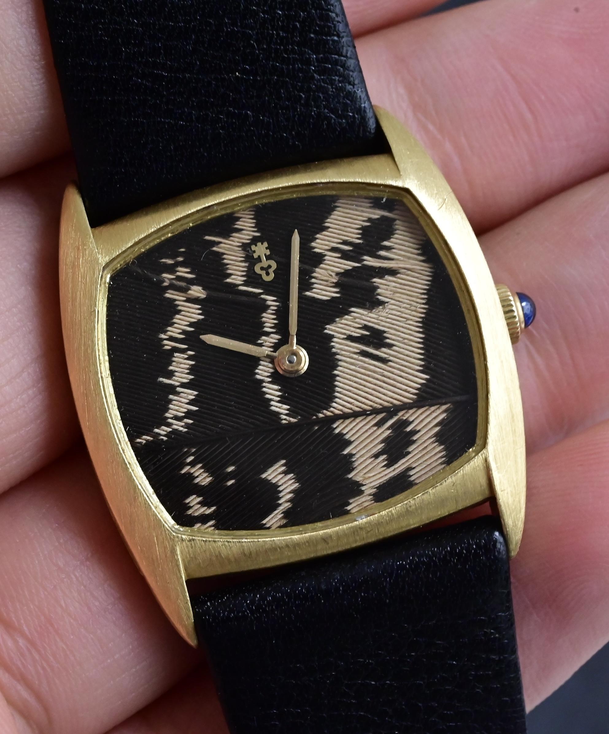 Rare Corum 18K Yellow Gold Peacock Feather Dial Watch 30x27mm Manual Wind 6