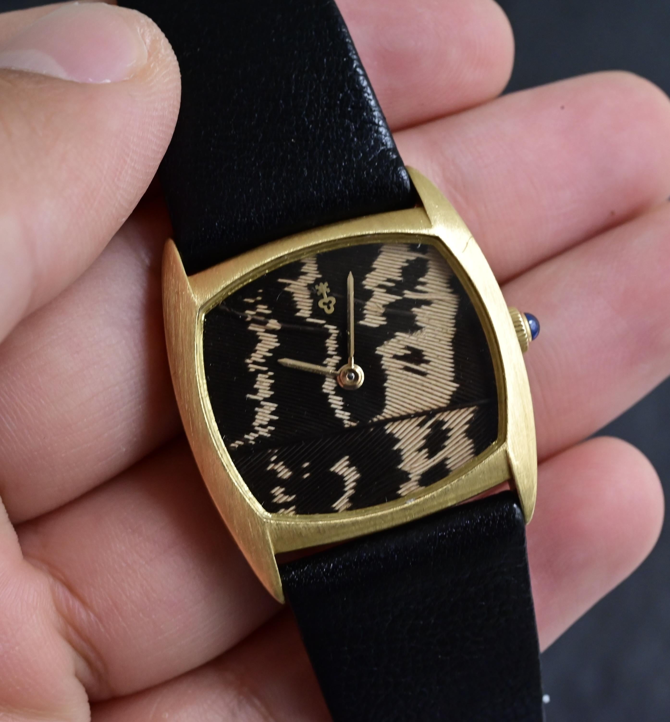 Rare Corum 18K Yellow Gold Peacock Feather Dial Watch 30x27mm Manual Wind 7